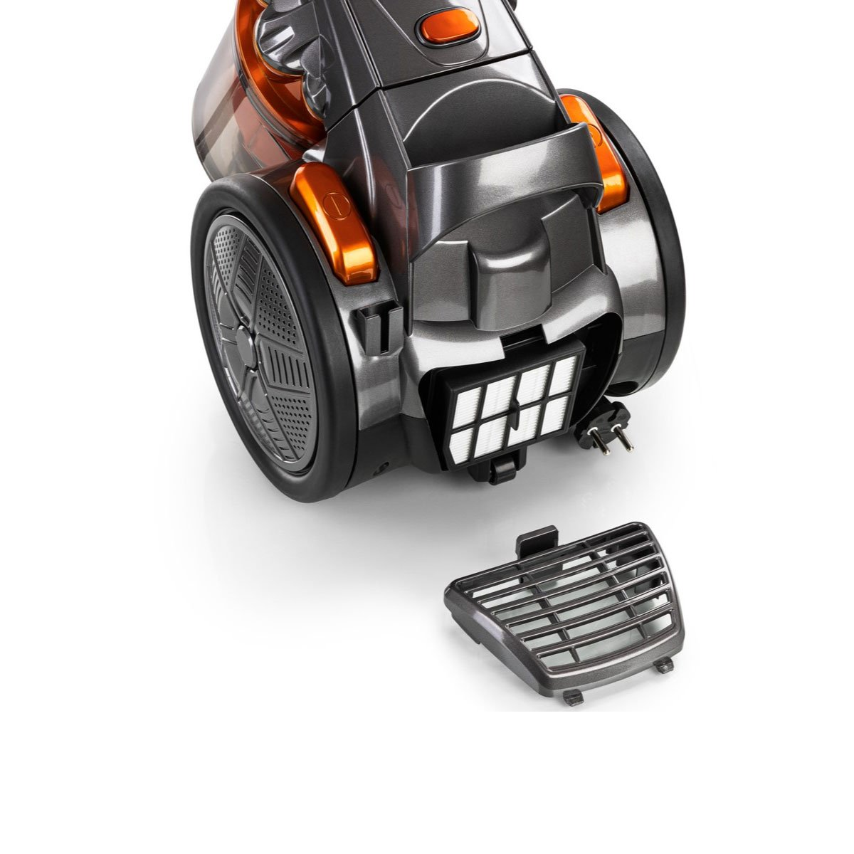 Szaro-pomarańczowy odkurzacz z usuniętym filtrem na białym tle.
