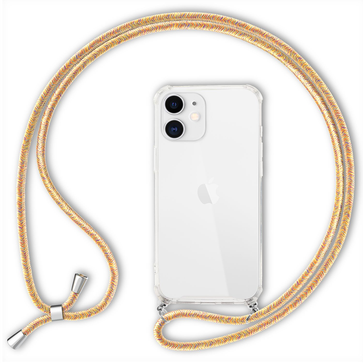 Teléfono blanco con funda transparente y correa dorada, sobre fondo blanco.