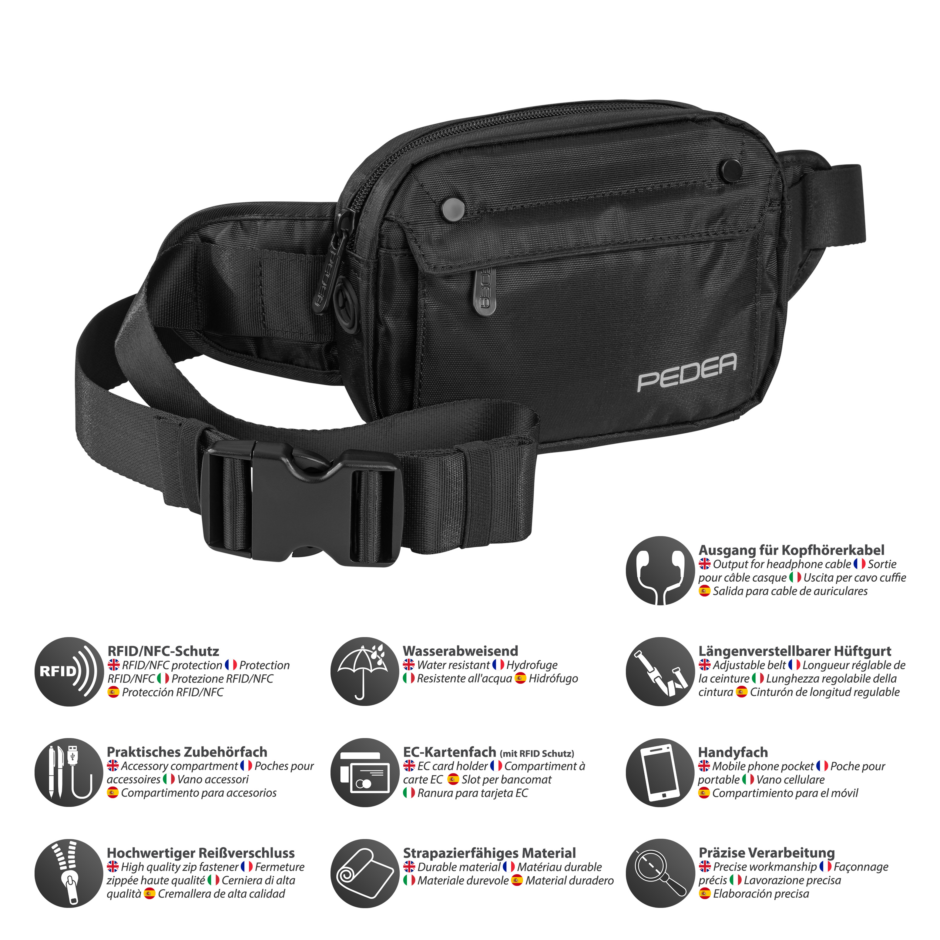 Schwarze Bauchtasche mit mehreren Taschen, Text: Pedea, und Icons für Funktionen wie RFID-Schutz.