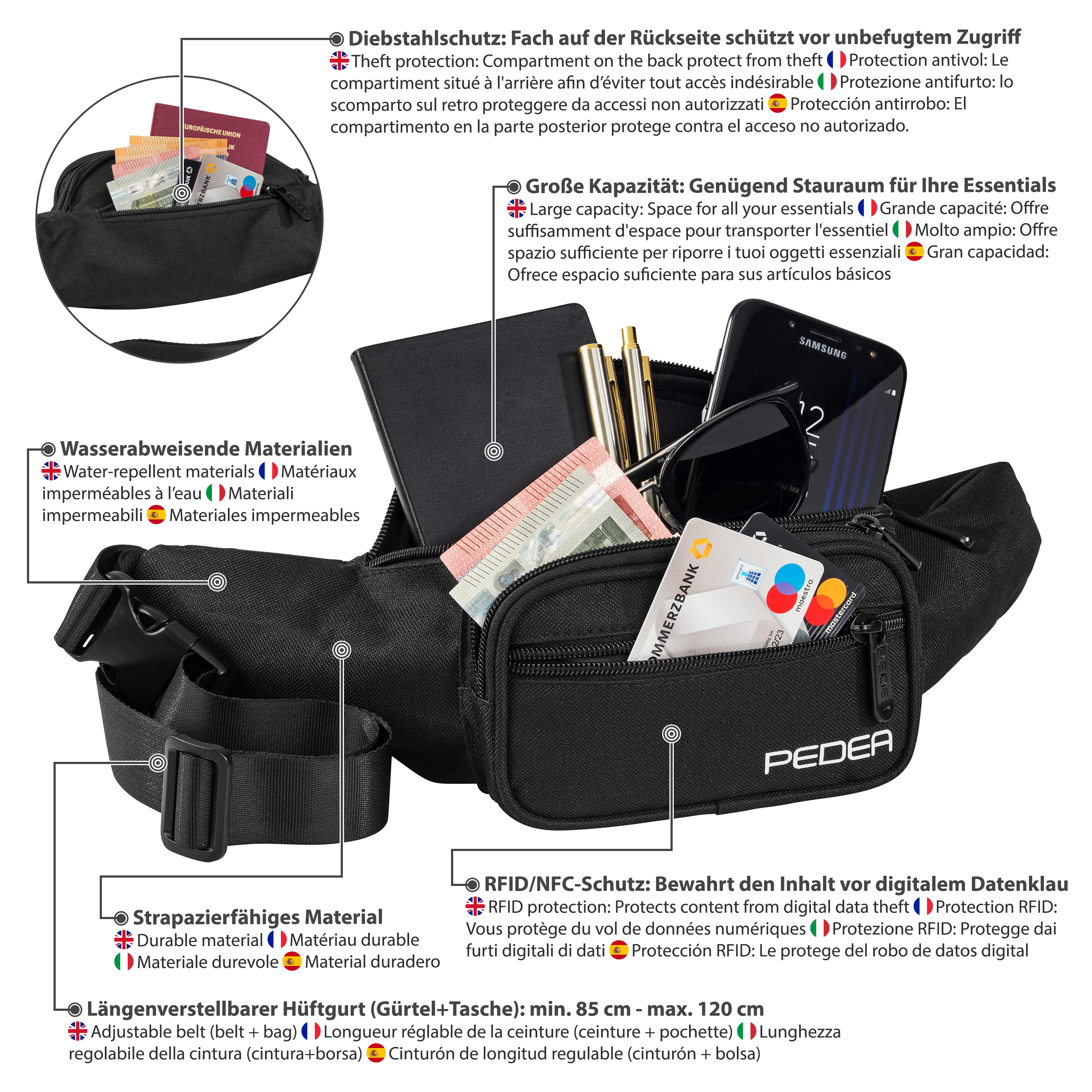 Schwarze Bauchtasche mit Taschen, mit Telefon, Karten und Bargeld.