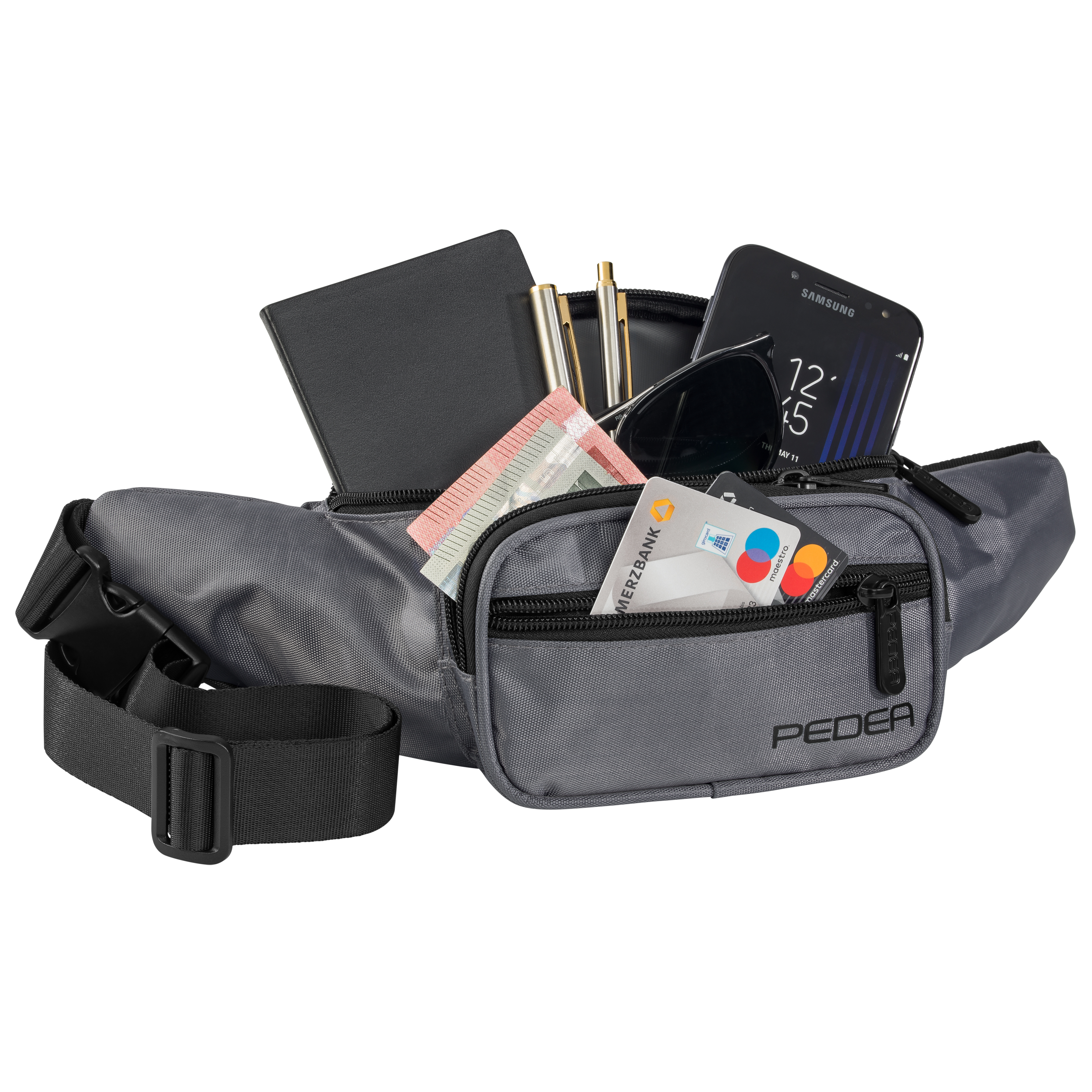 Eine graue Bauchtasche mit mehreren Taschen, die Geldbörse, Telefon, Stifte und Sonnenbrille enthält.