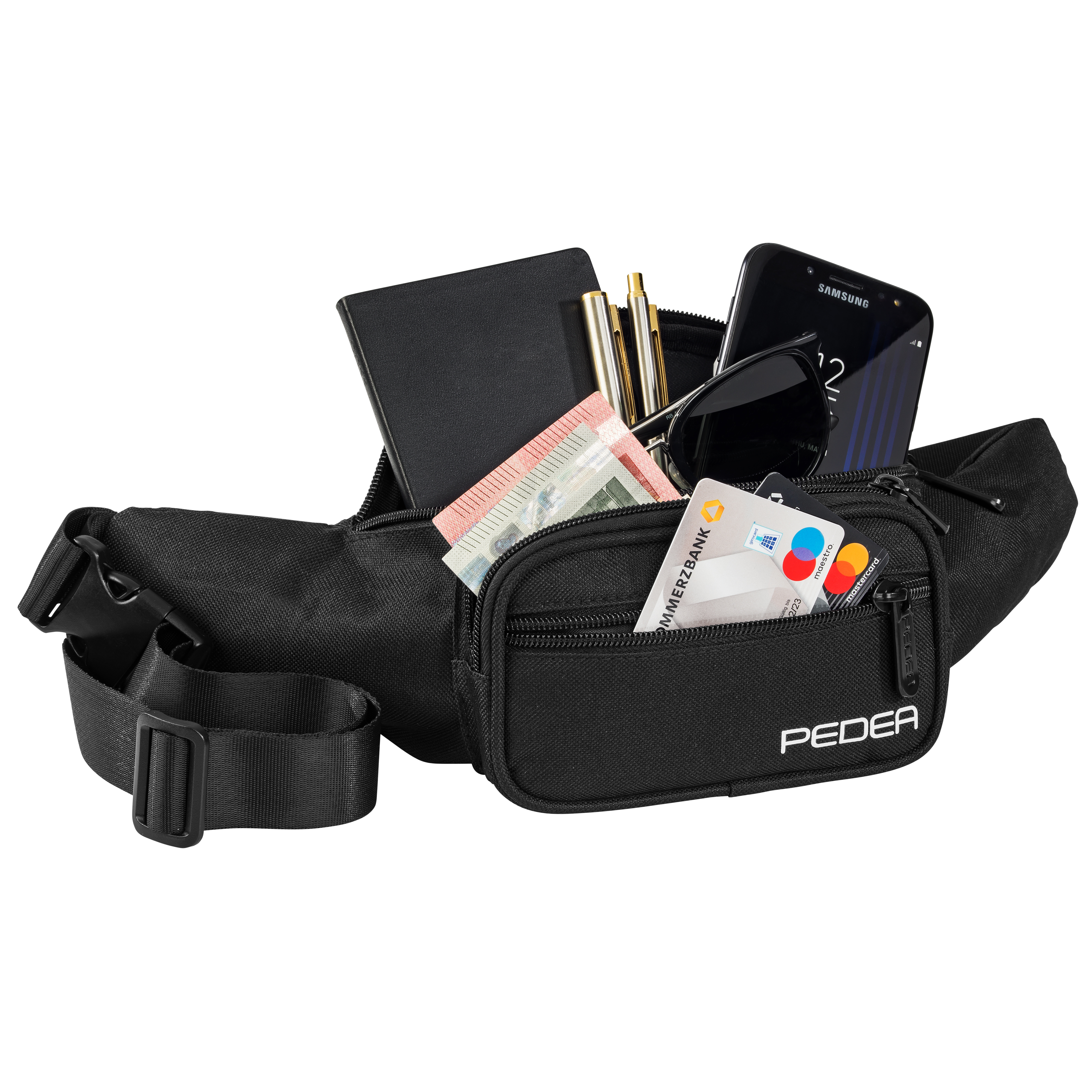 Schwarze Bauchtasche, offen mit Geldbörse, Geld, Telefon, Sonnenbrille und Stiften. Schwarzer Riemen.