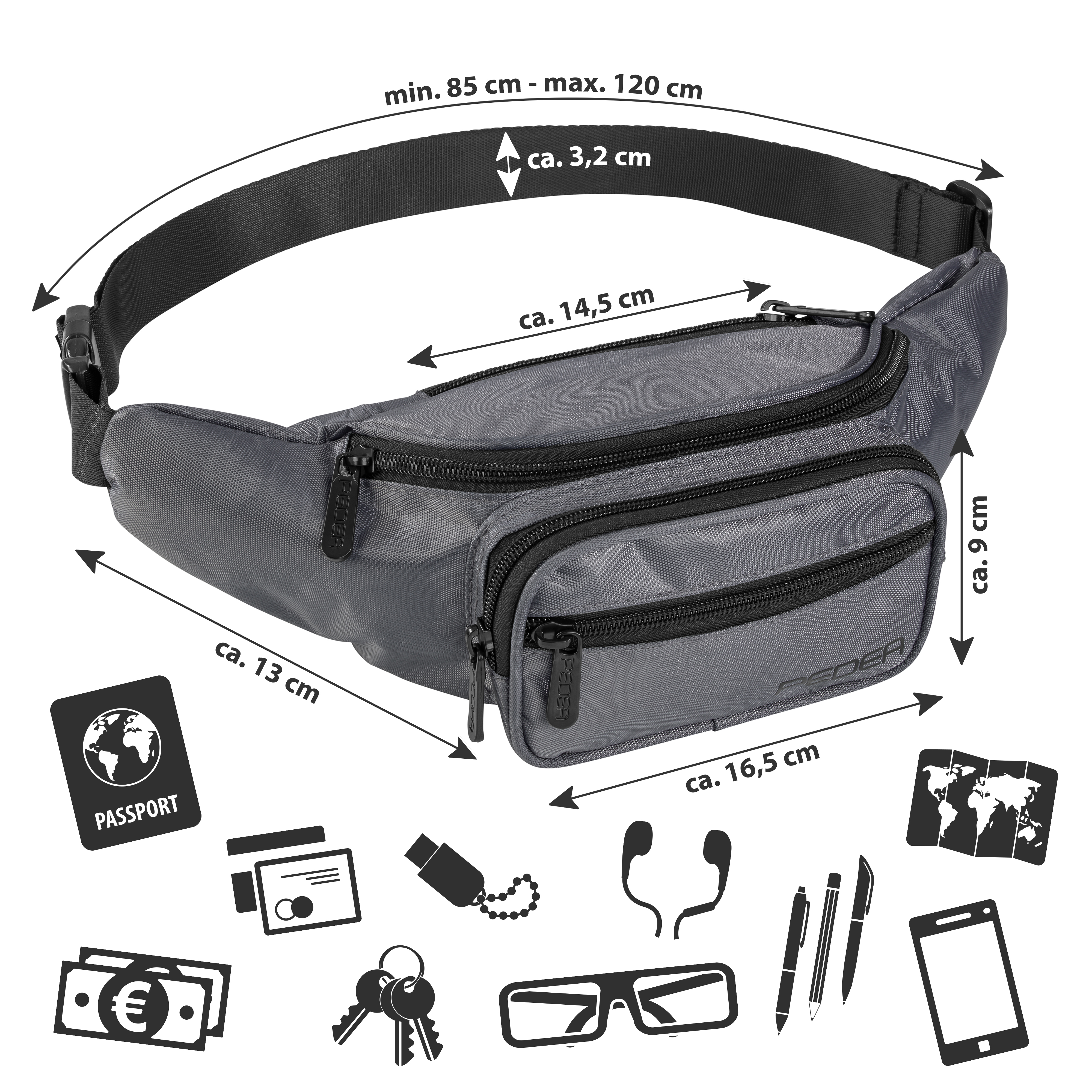Eine graue Bauchtasche mit Abmessungen und Symbolen für Gegenstände wie Reisepass und Schlüssel.