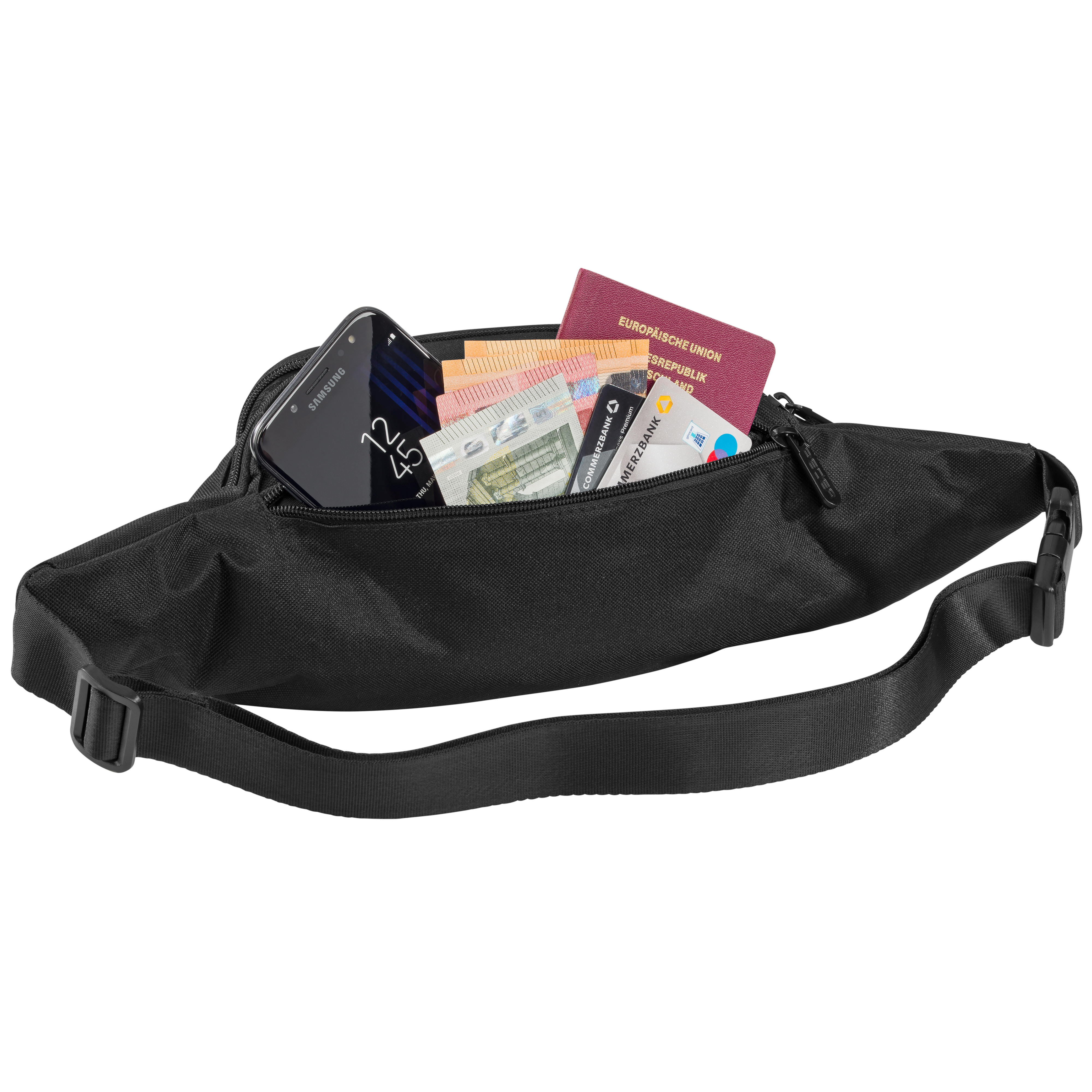 Schwarze Bauchtasche offen mit Telefon, Geld, Reisepass und Karten.