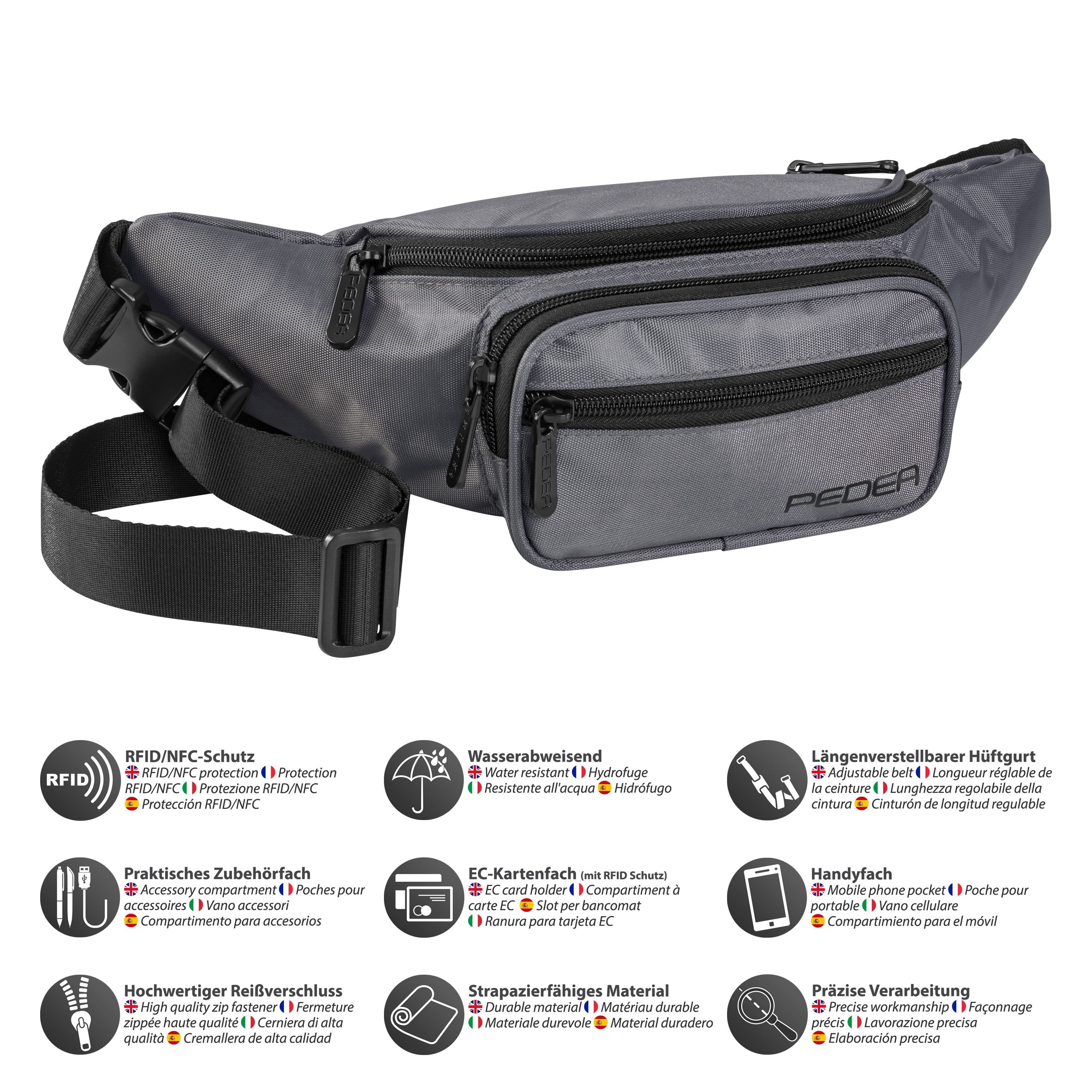 Graue Bauchtasche mit mehreren Taschen und verstellbarem Riemen, Symbole drumherum.