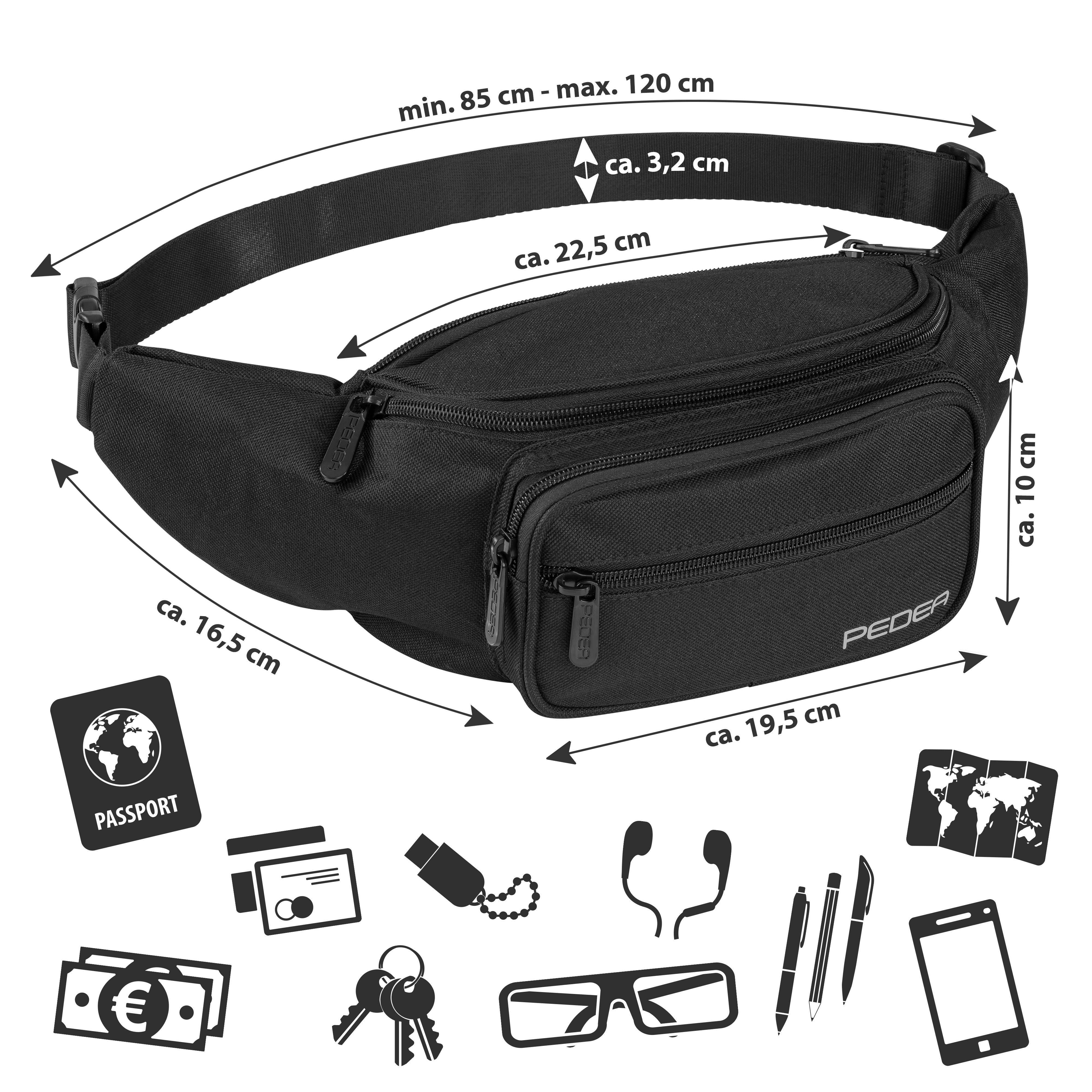 Schwarze Bauchtasche mit schwarzem Zubehör, mit Maßangaben.