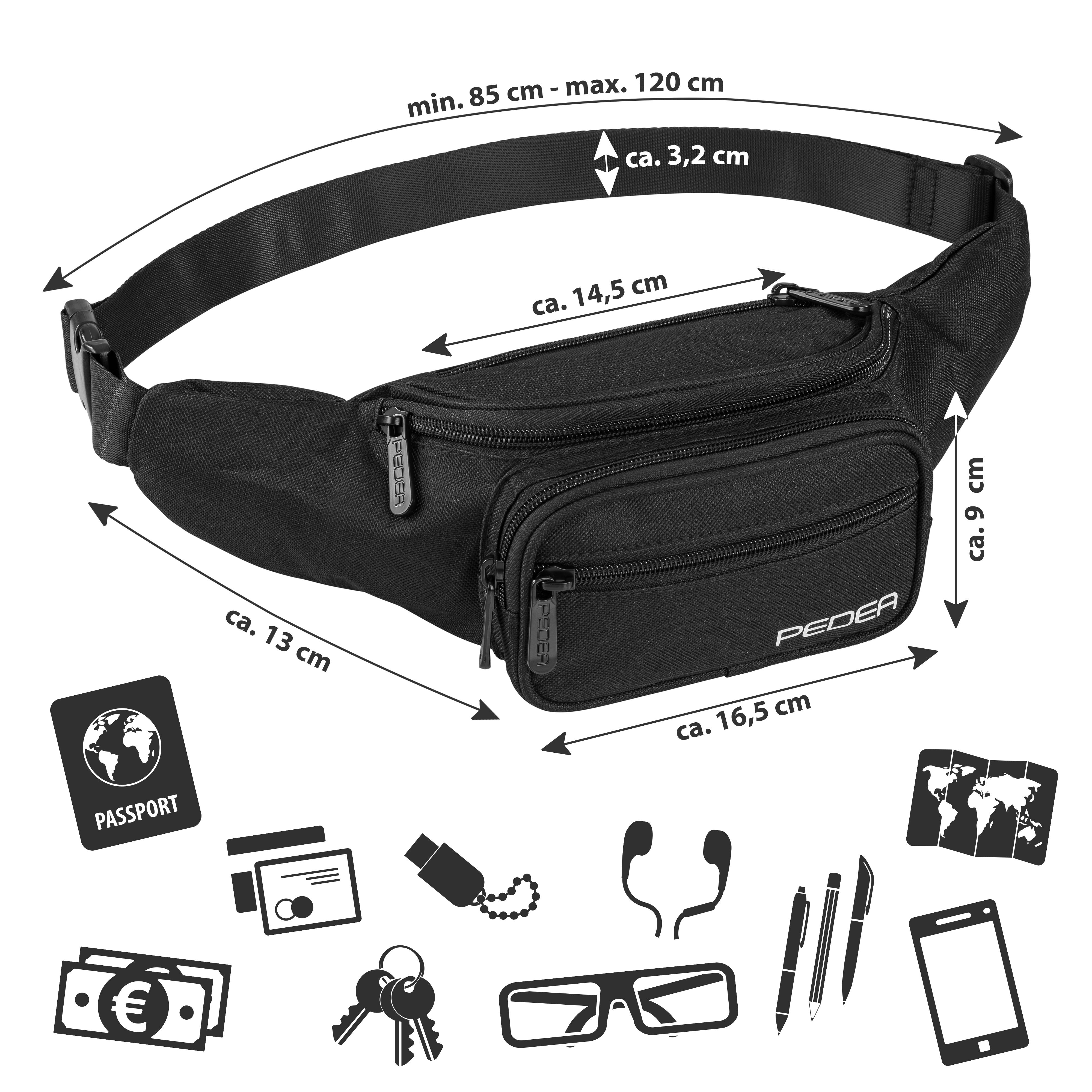 Schwarze Bauchtasche mit Taschen, Maßen und kleinem Reisezubehör.