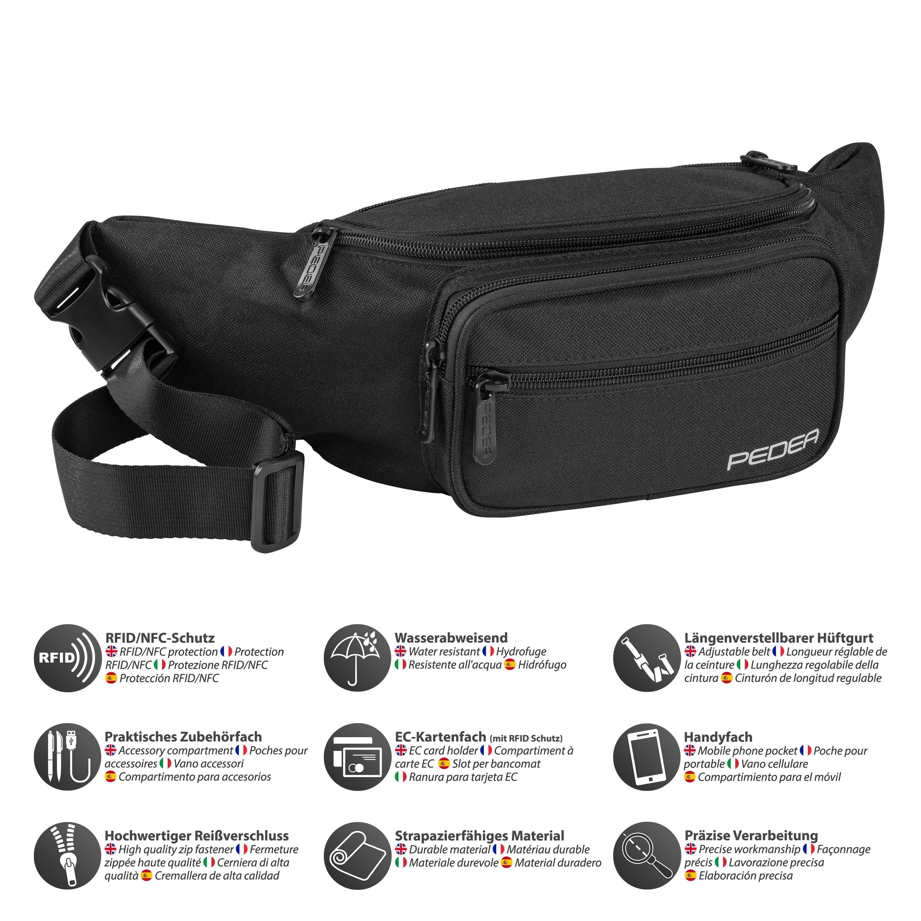Schwarze Bauchtasche mit mehreren Taschen, Funktionen und verstellbarem Riemen. Detaillierte Symbole drumherum.