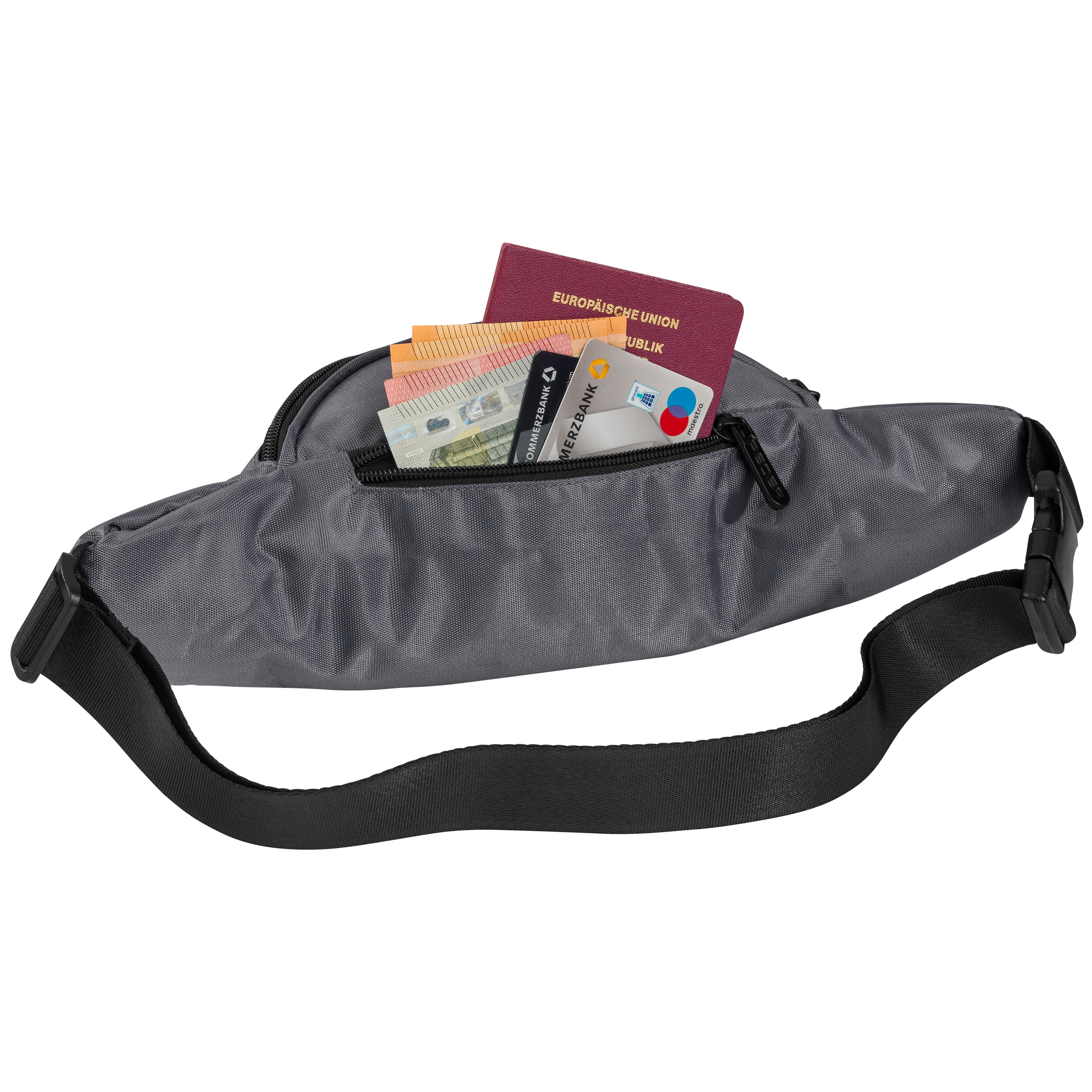 Eine graue Bauchtasche geöffnet. Im Inneren befinden sich ein Reisepass, Euroscheine und eine Kreditkarte. Schwarzer Riemen.