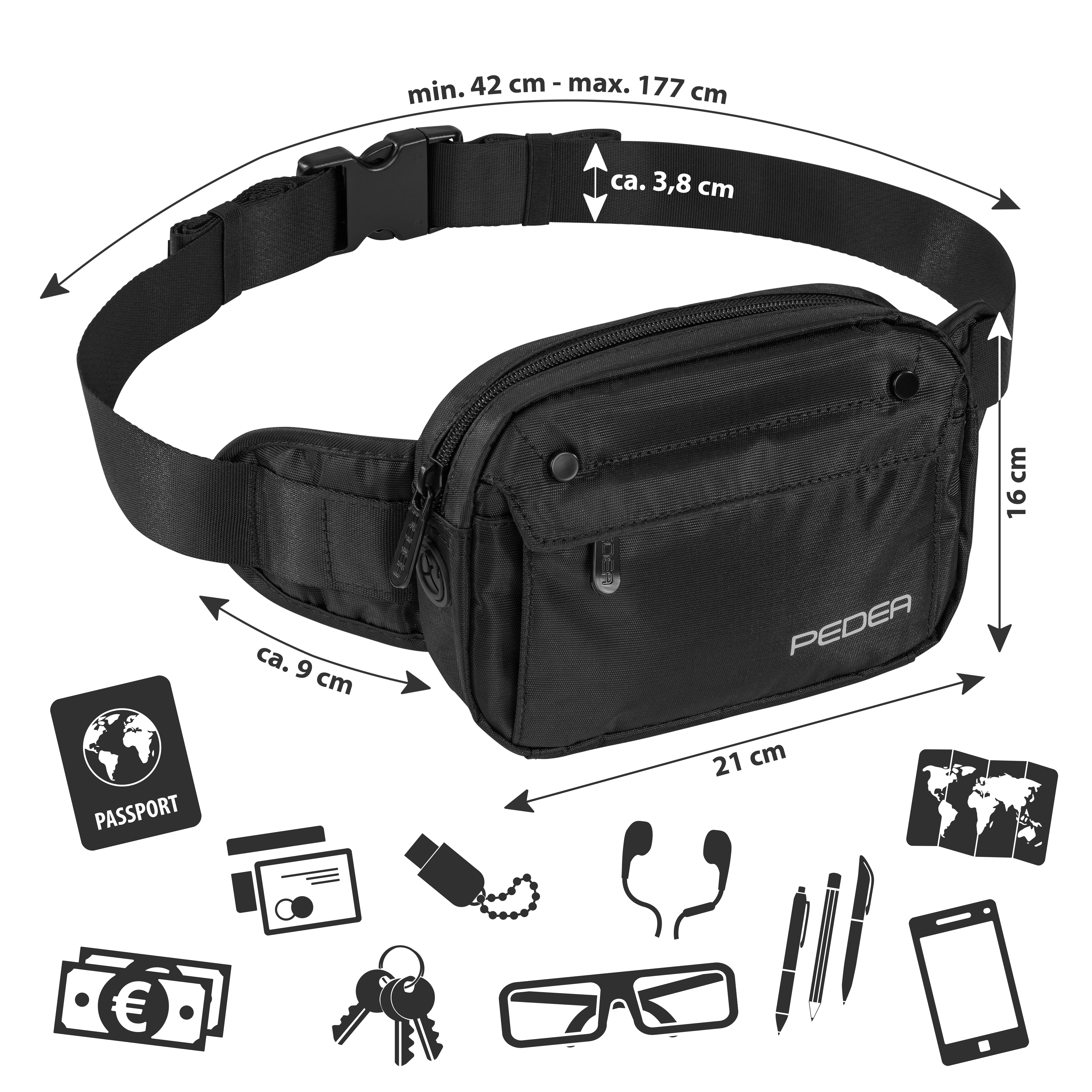 Schwarze Bauchtasche mit schwarzem Riemen und Icons von Pass, Geld, Schlüsseln und anderen Artikeln.