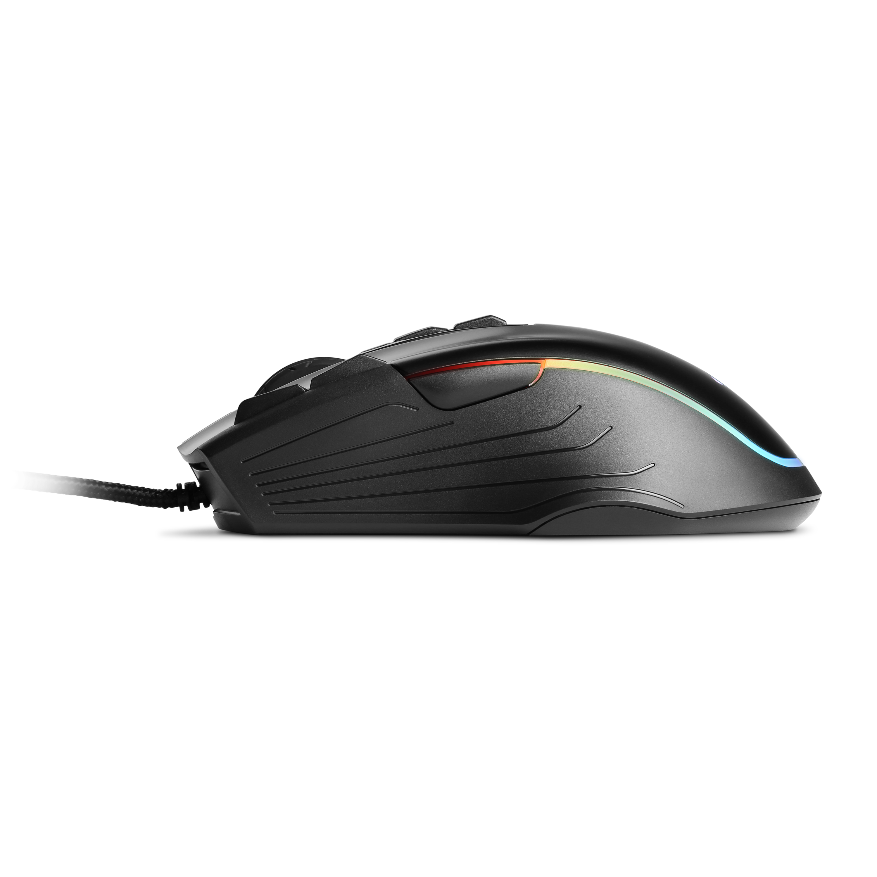 Schwarze Gaming-Maus mit RGB-Beleuchtung. Die Maus ist auf schwarzem Hintergrund, Seitenansicht.