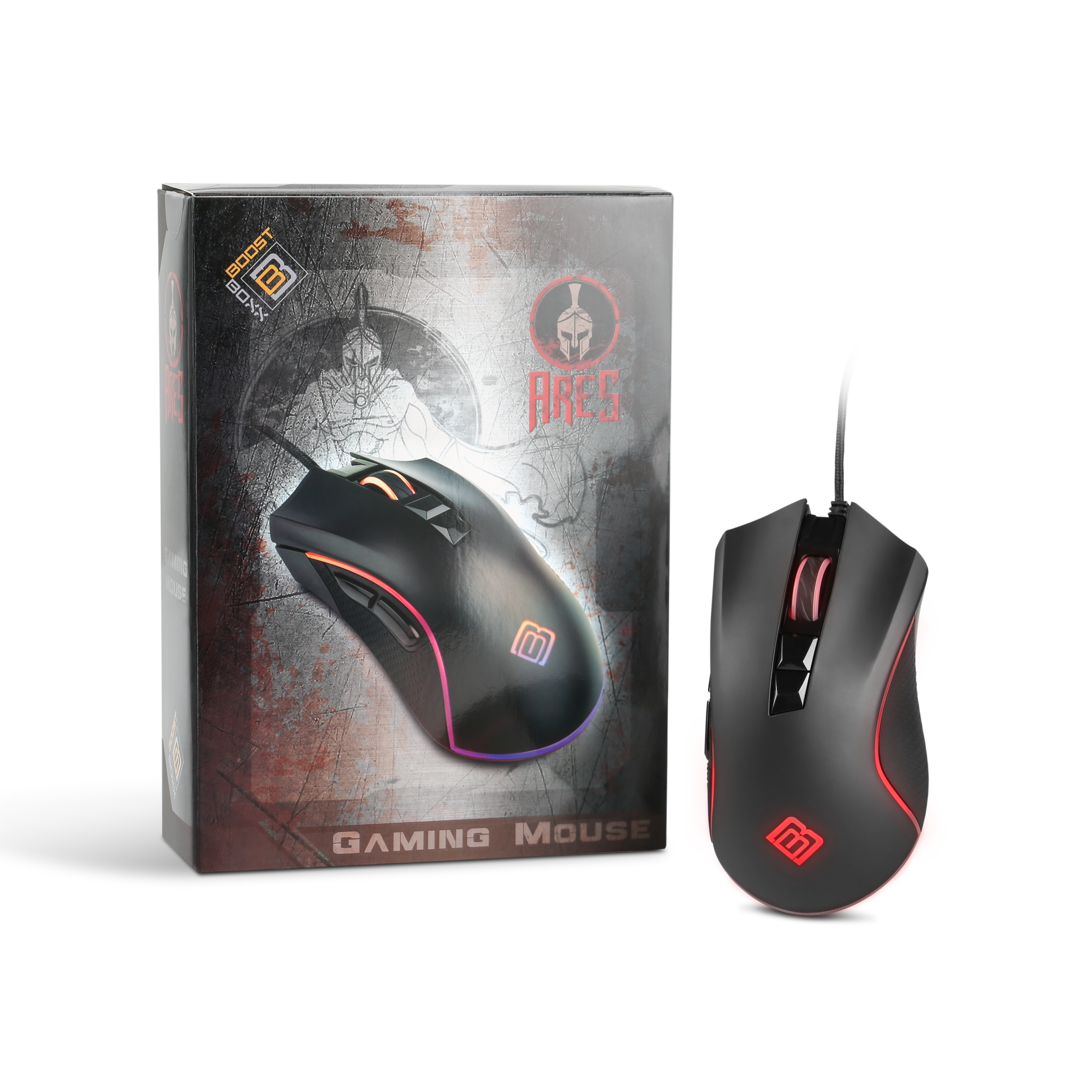 Gaming-Maus und ihre Box. Die Maus ist schwarz mit roten und mehrfarbigen Lichtern. Auf der Box steht ARES.