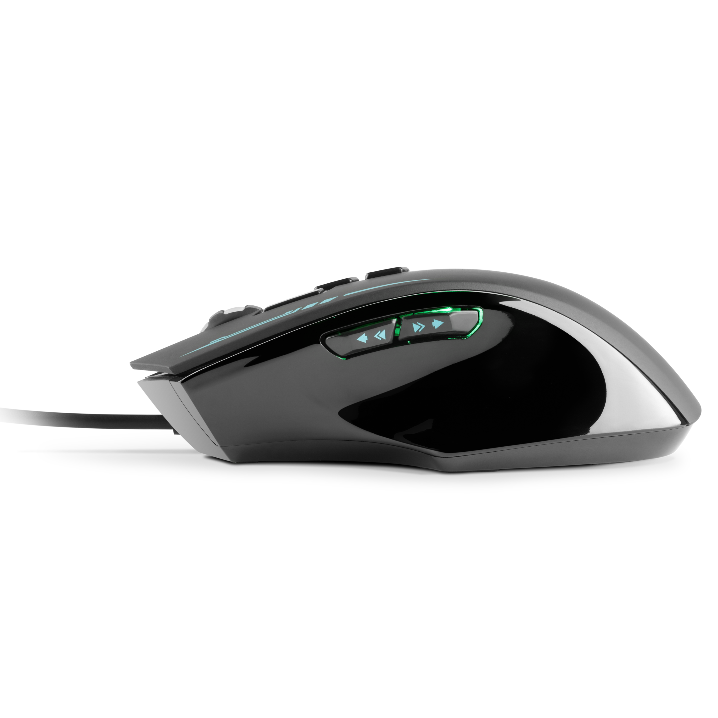 Schwarze Gaming-Maus. Die Maus hat Vorwärts- und Rückwärtstasten und ein Scrollrad mit Lichtern.