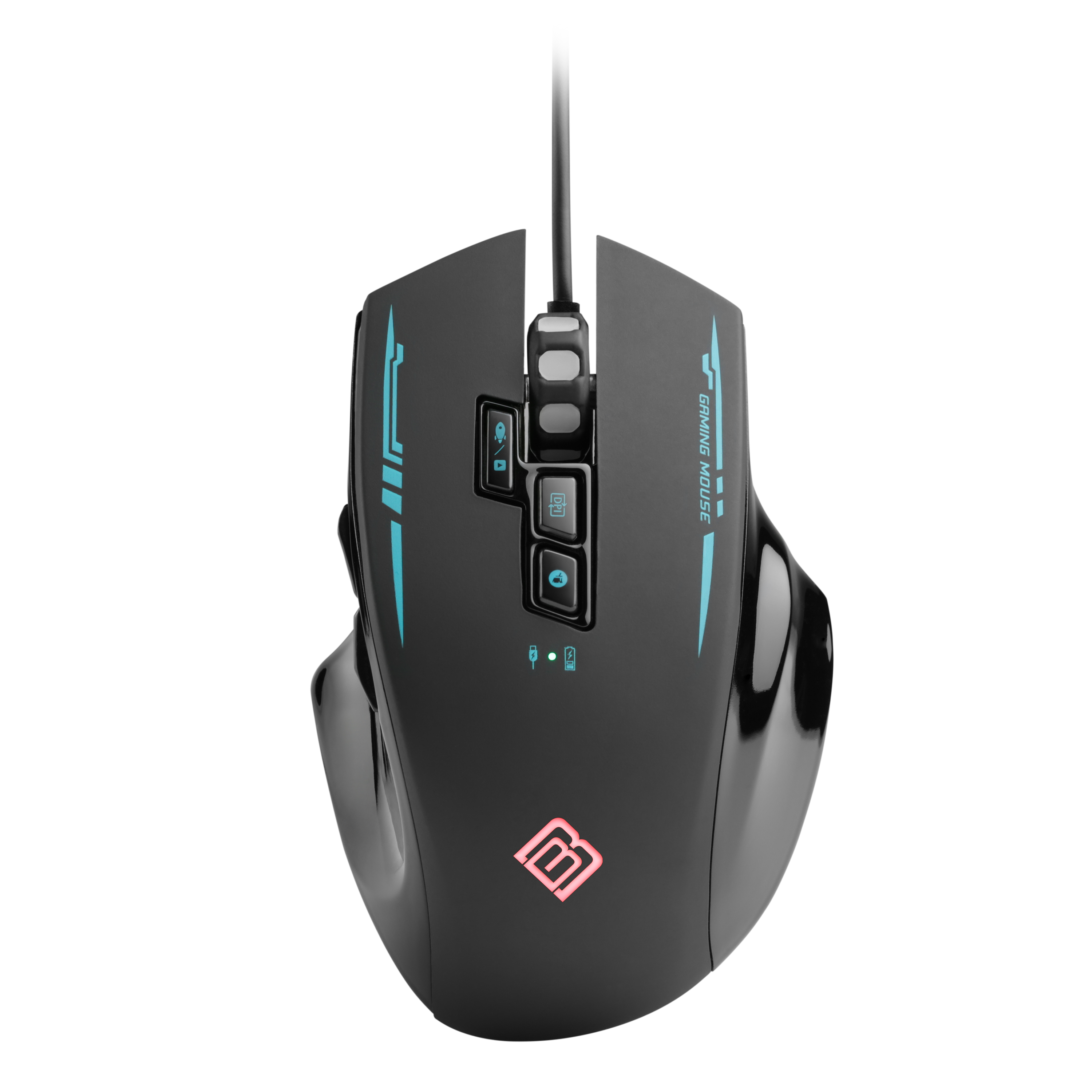 Schwarze Gaming-Maus mit mehreren Tasten und einem roten Logo unten.
