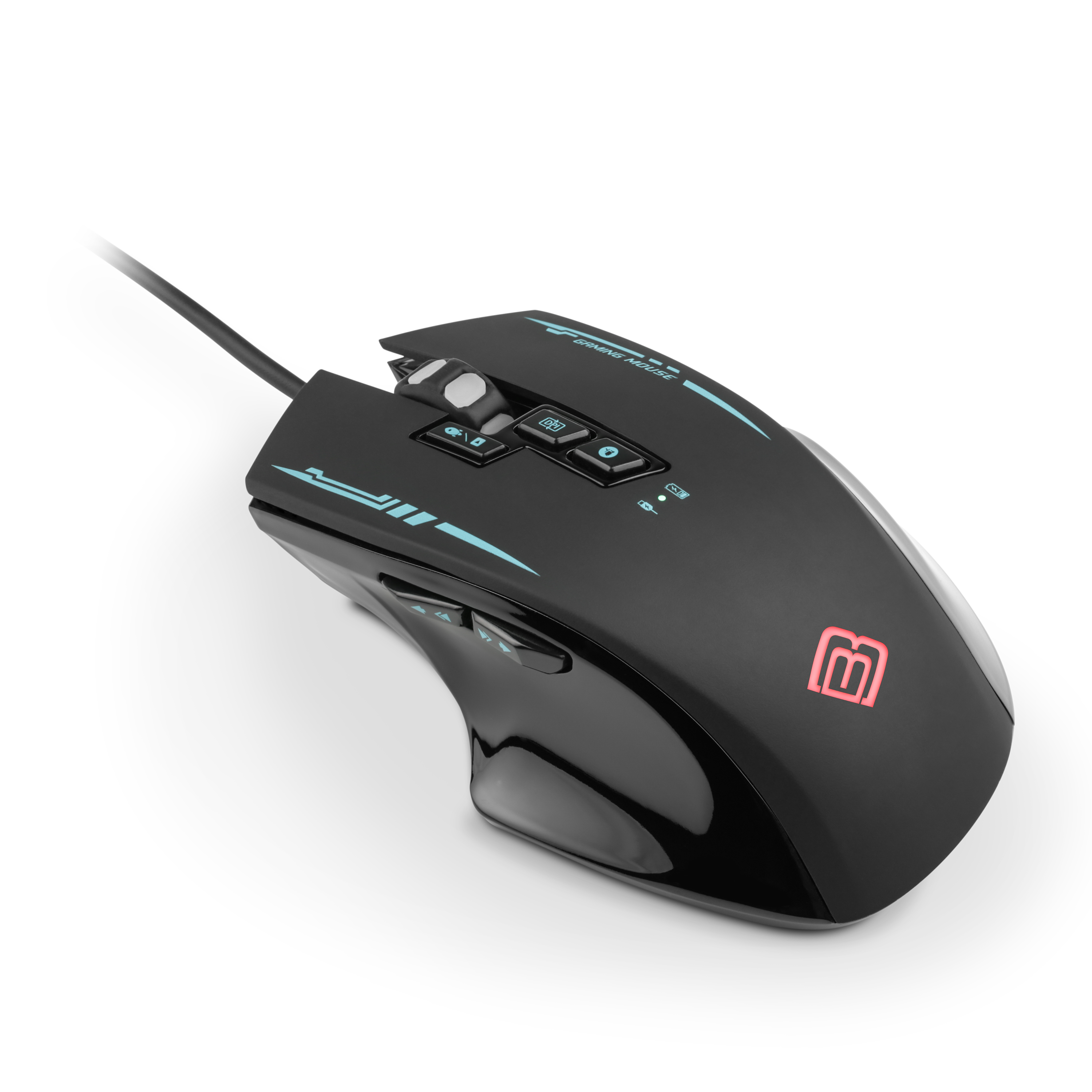 Schwarze Gaming-Maus mit Knöpfen und rotem Logo, auf schwarzem Hintergrund.
