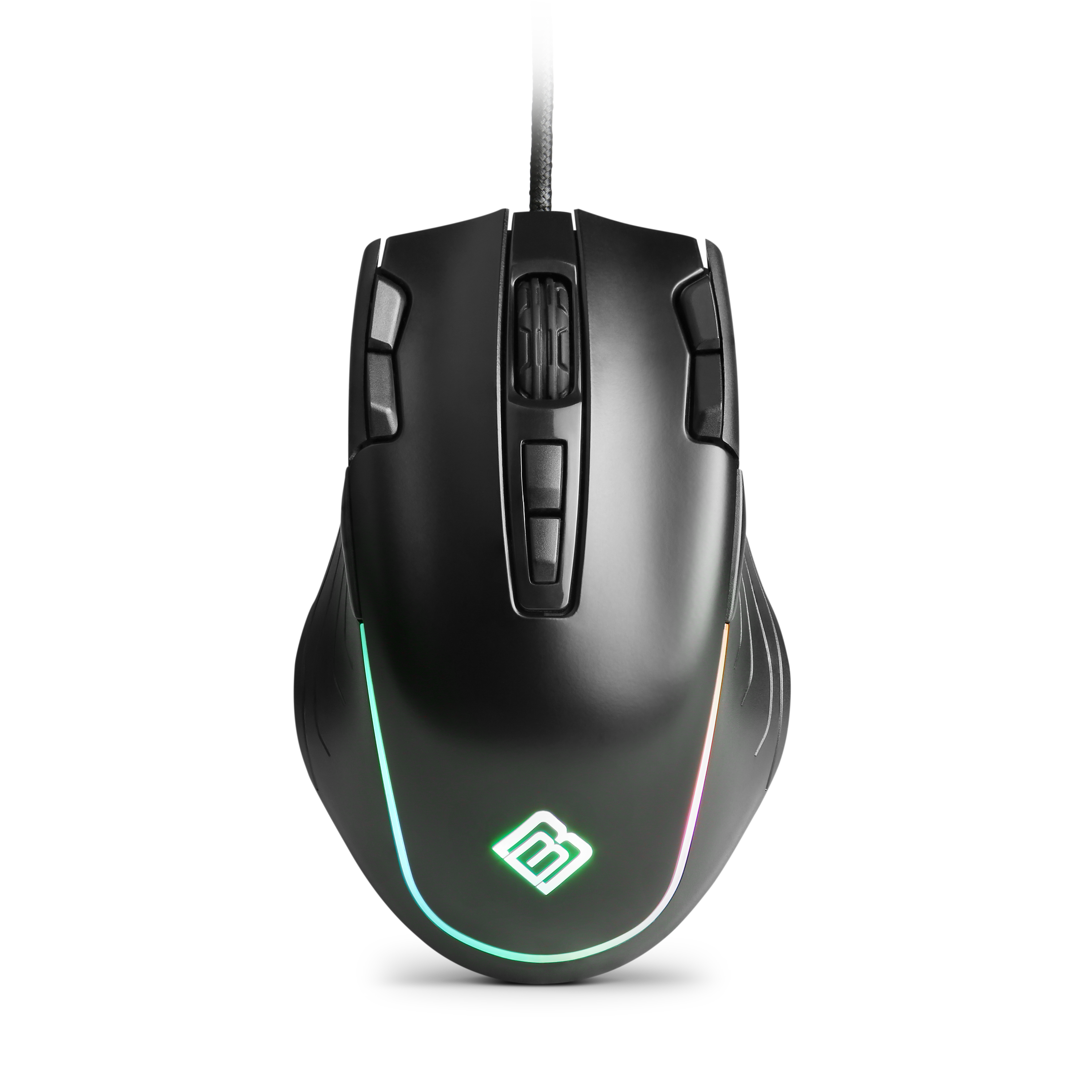 Schwarze Gaming-Maus mit farbigen Lichtern und Logo. Dunkler Hintergrund.