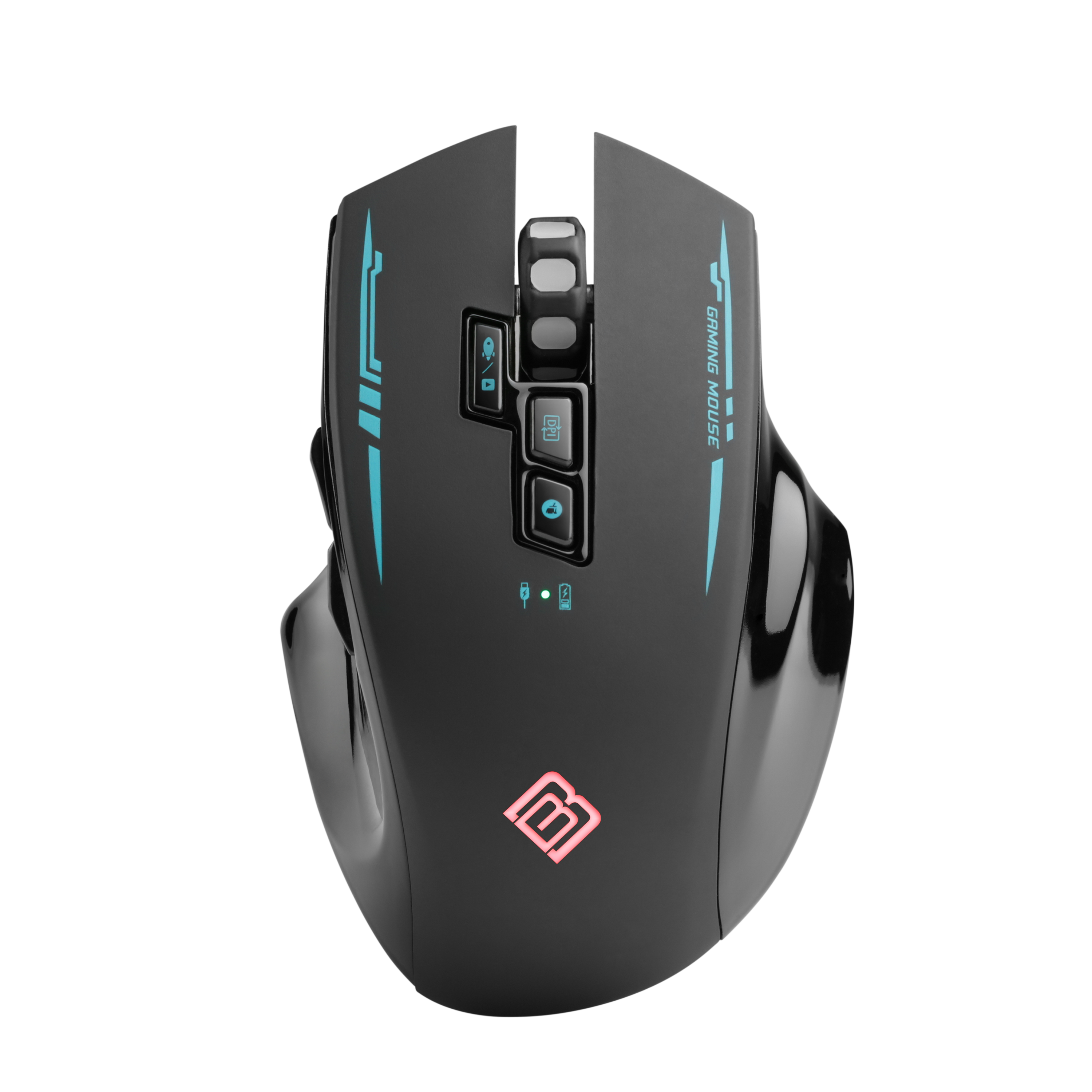 Schwarze Gaming-Maus mit blauen Akzenten, Tasten und Logo.