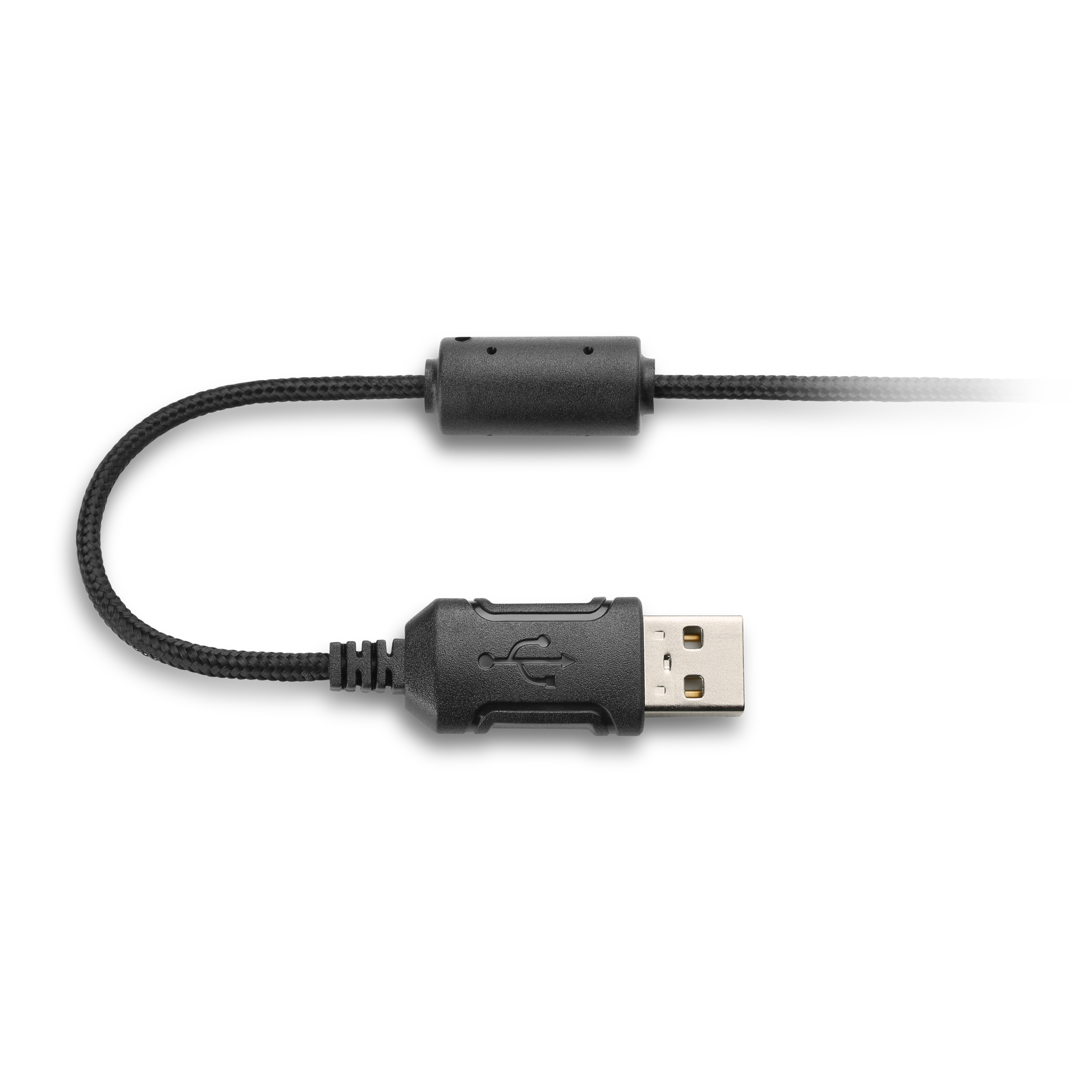 Ein schwarzes USB-Kabel mit einem USB-Anschluss und einem weiteren Anschluss. Der Hintergrund ist schwarz.