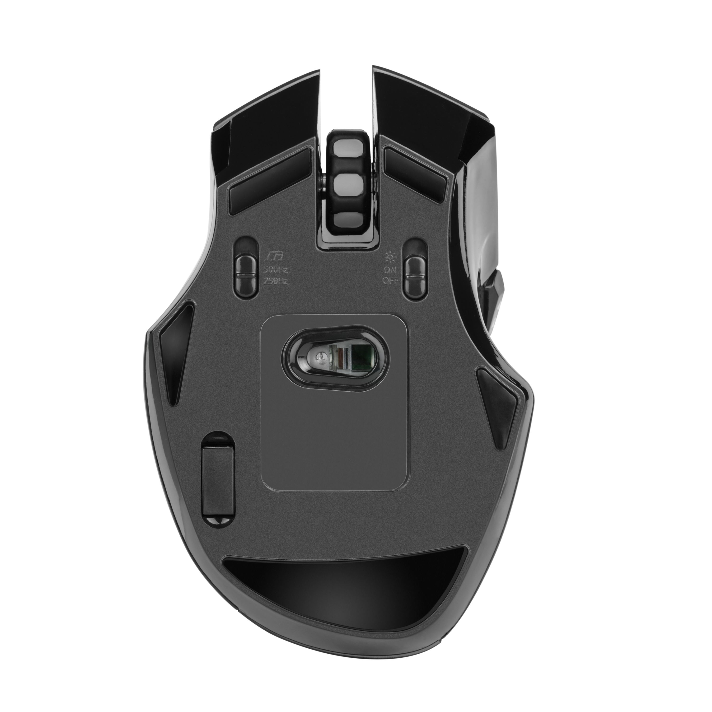 Unteransicht einer schwarzen Gaming-Maus. Zeigt Tasten, Ein/Aus-Schalter und einen Sensor.
