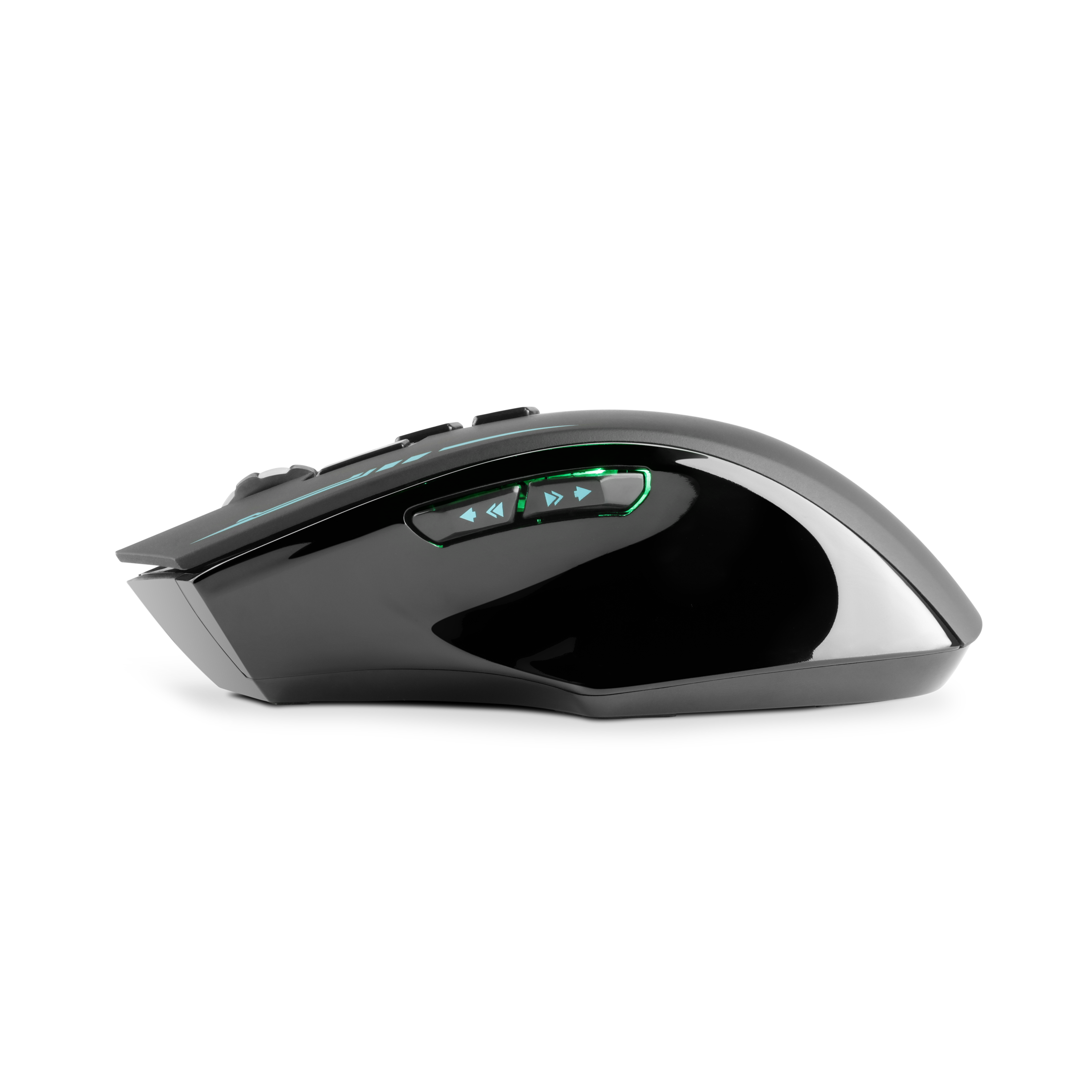 Eine schwarze Gaming-Maus mit Tasten und grünen Lichtern, vor schwarzem Hintergrund.