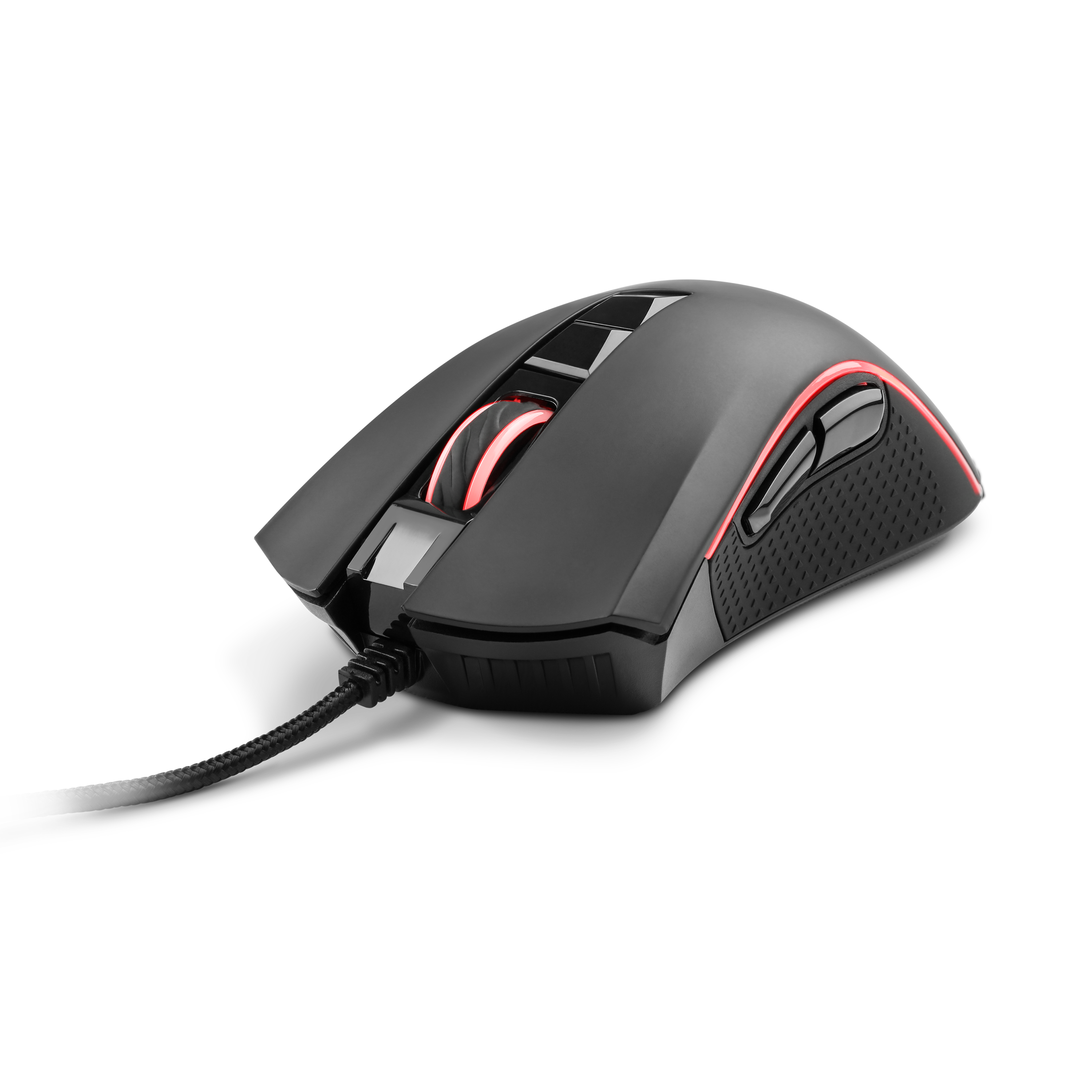 Gaming-Maus. Schwarz mit roten Lichtern. Ein Kabel ist angeschlossen.