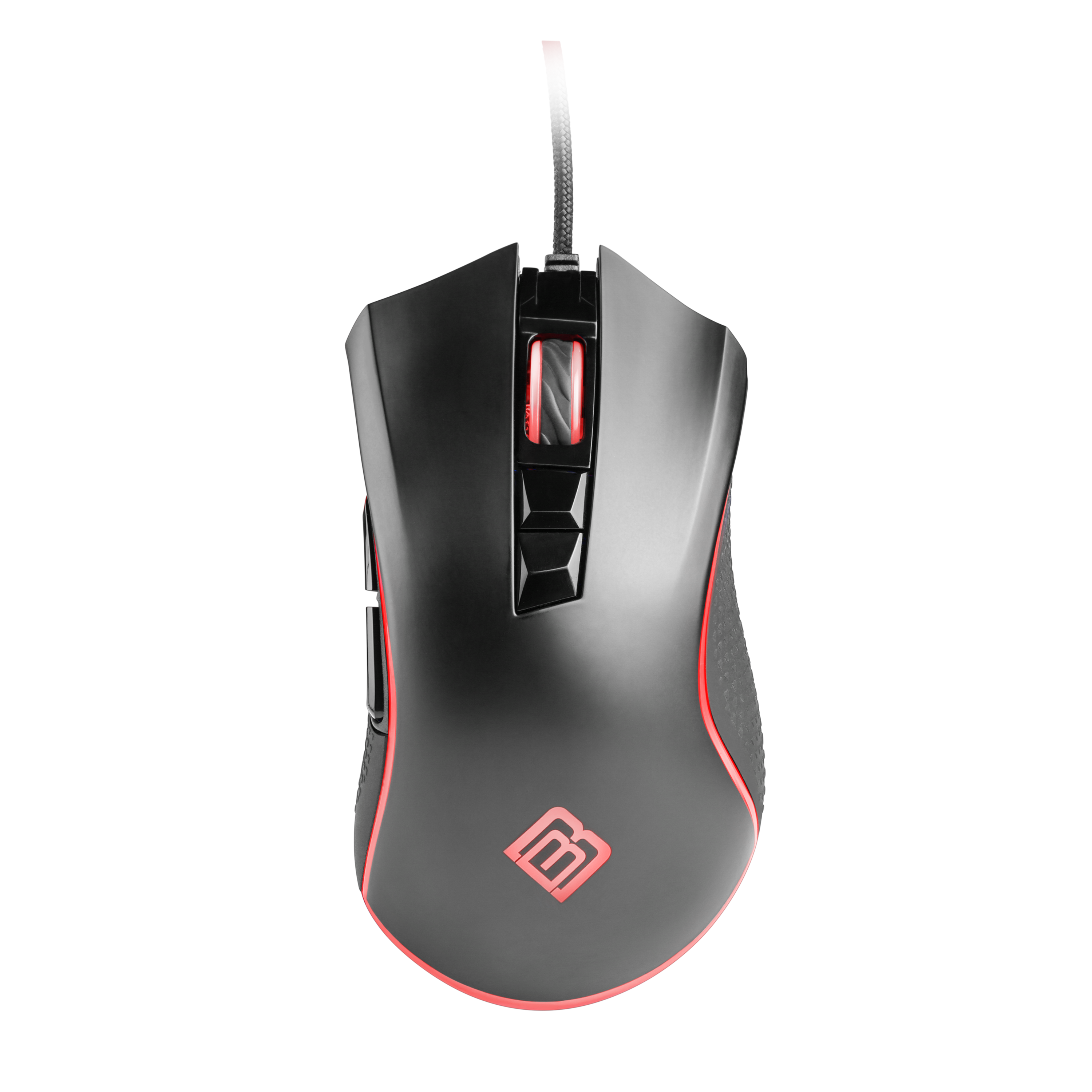 Schwarze Gaming-Maus mit roten Akzenten und rotem Logo auf schwarzem Hintergrund.