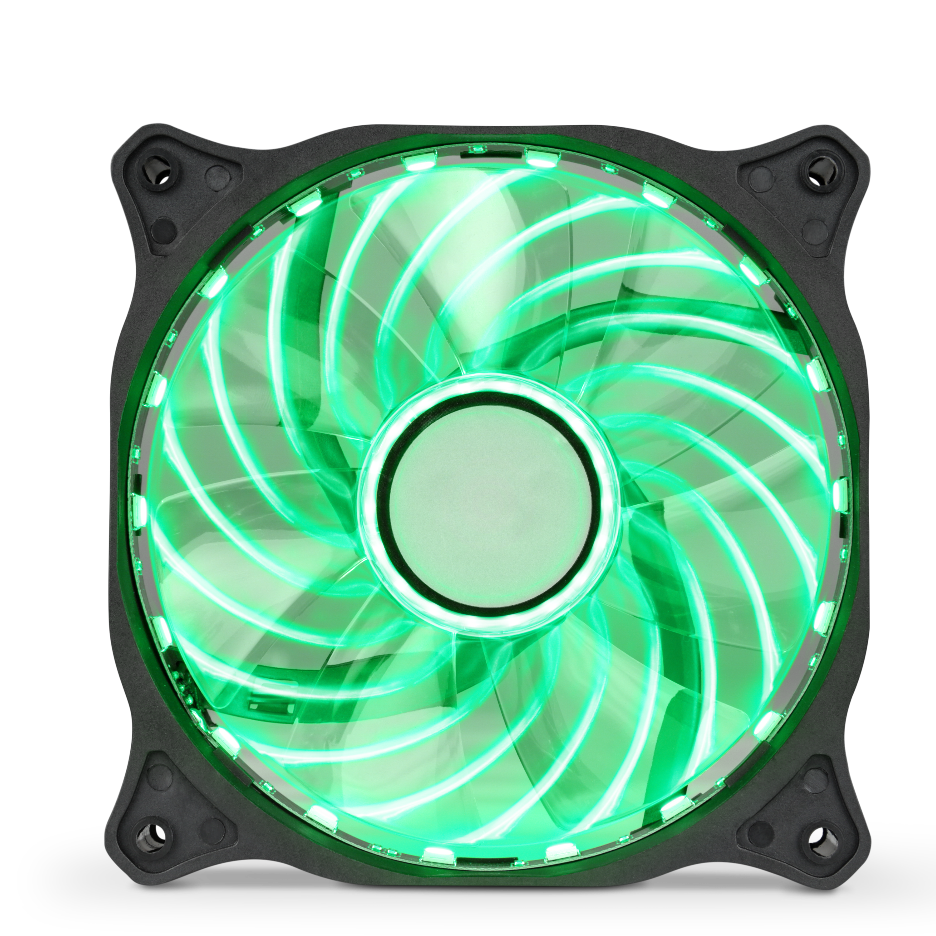 Ein Computerlüfter mit grünen Lichtern. Er hat Rotorblätter und einen grünen Mittelkreis.