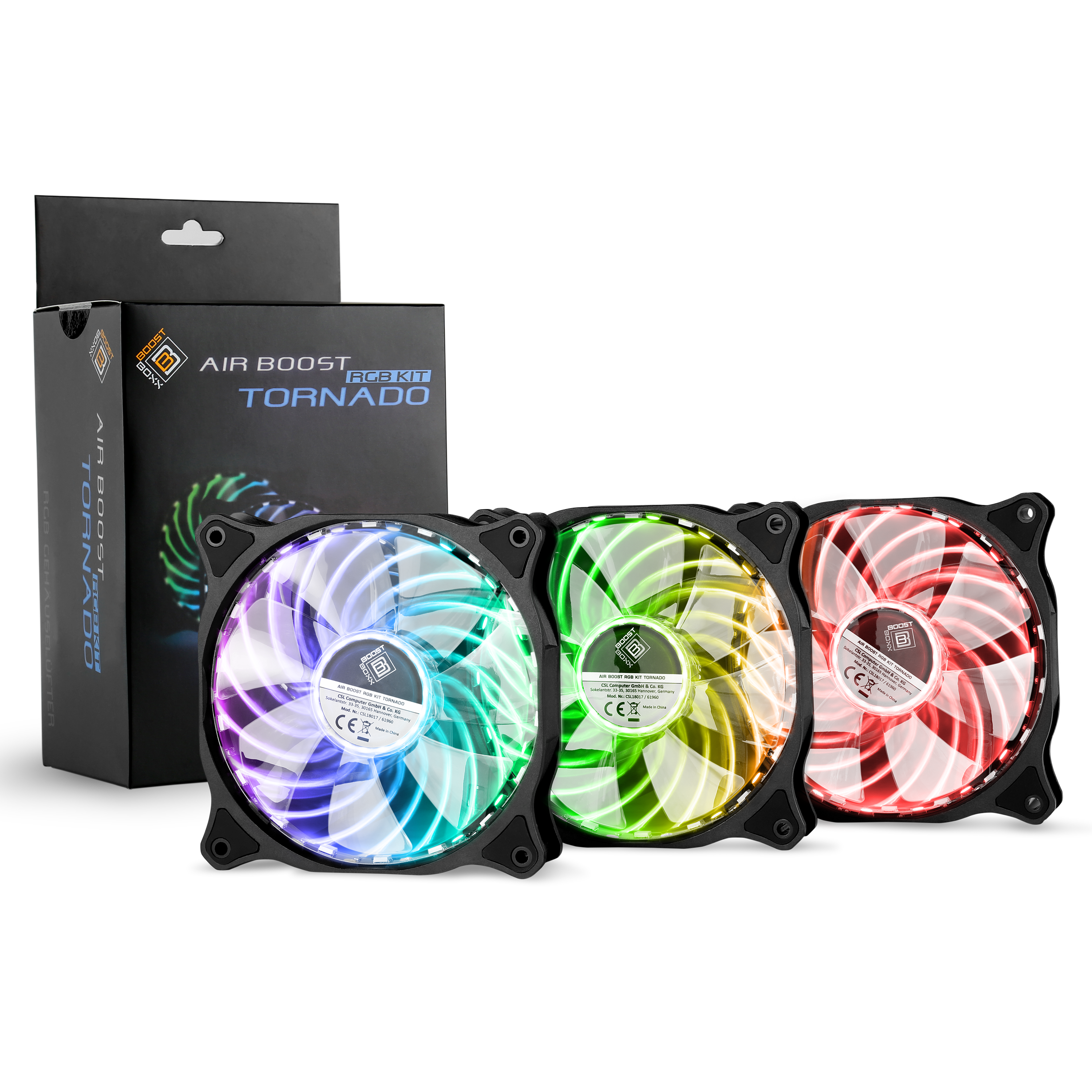 Drei RGB-PC-Lüfter, jeder in verschiedenen Farben beleuchtet, und eine Box mit der Aufschrift "Air Boost Tornado".