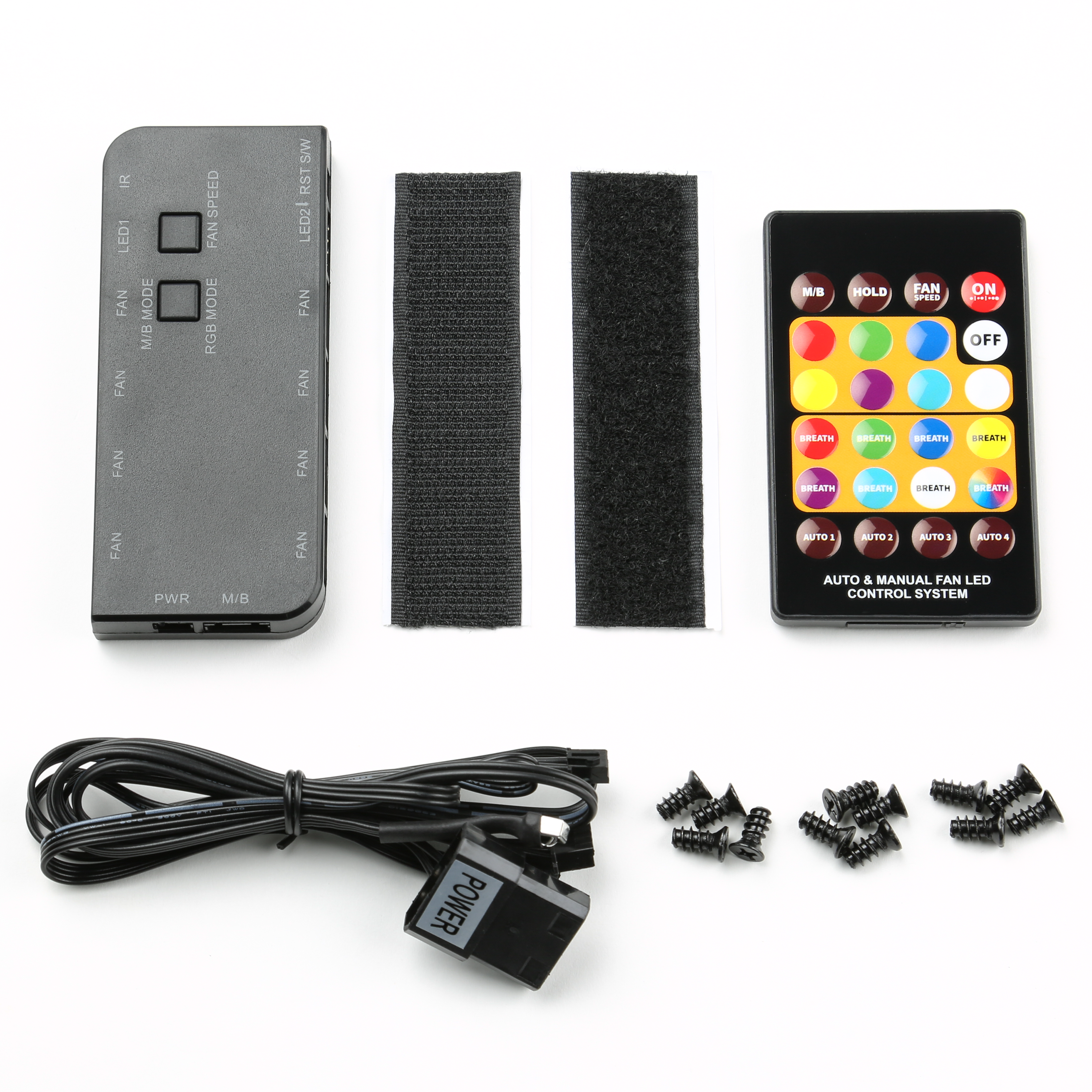 LED-Steuerungskomponenten: Controller, Klettbänder, Stromkabel, Schrauben.