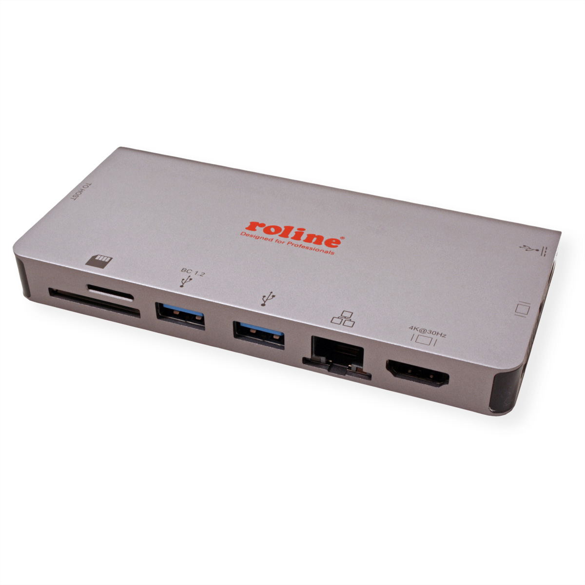Ein silberner USB-Hub mit mehreren Anschlüssen. Er hat einen SD-Kartensteckplatz und einen HDMI-Anschluss. Text: 'Designed for Professionals'.