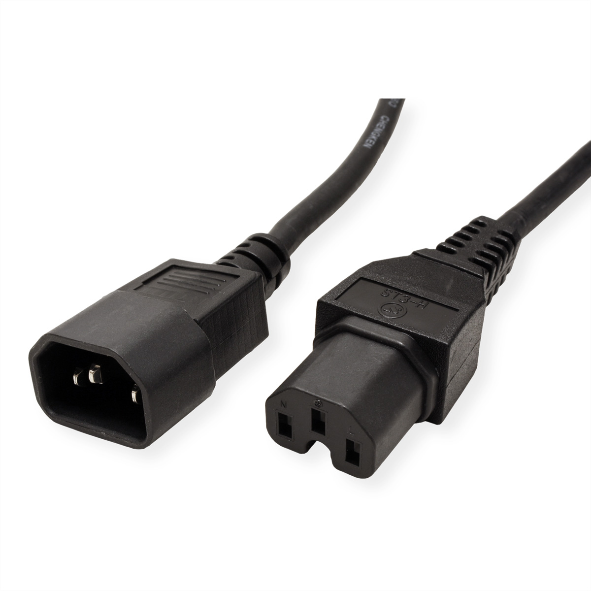 Schwarzes Netzkabel mit zwei Steckern. Einer ist weiblich, der andere männlich.
