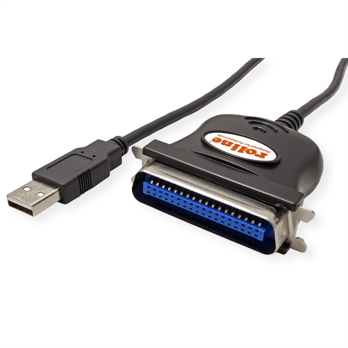USB-zu-Parallelkabel. Schwarzes Kabel und Stecker. Weißer Hintergrund.
