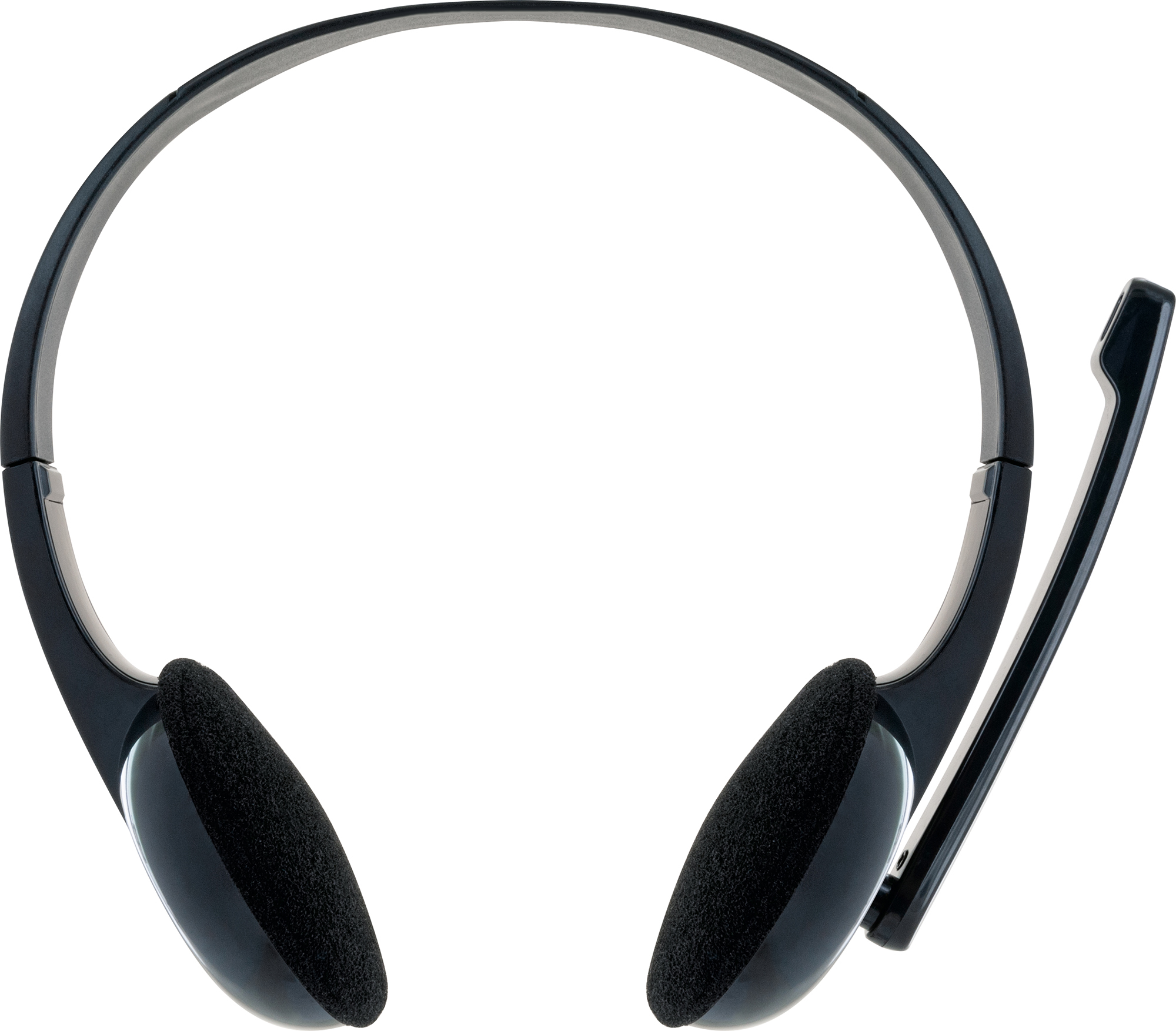 Schwarzes Headset mit schwarzen Ohrpolstern und einem Mikrofon. Weißer Hintergrund.