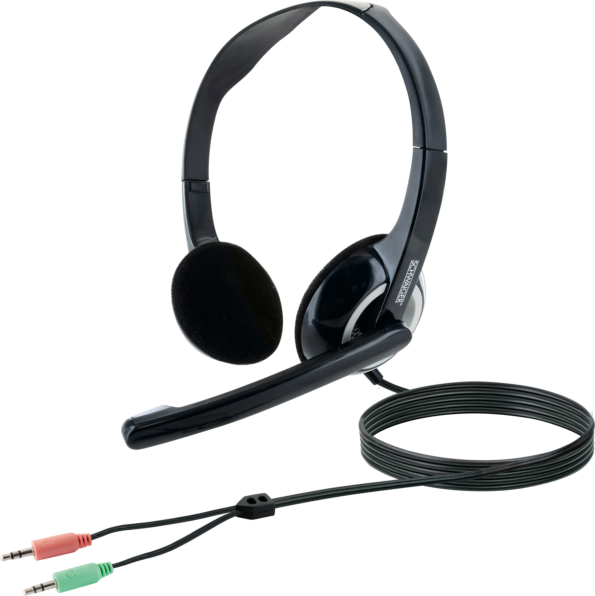 Schwarzes Headset mit Mikrofon und zwei Audioanschlüssen. Es befindet sich vor einem weißen Hintergrund.