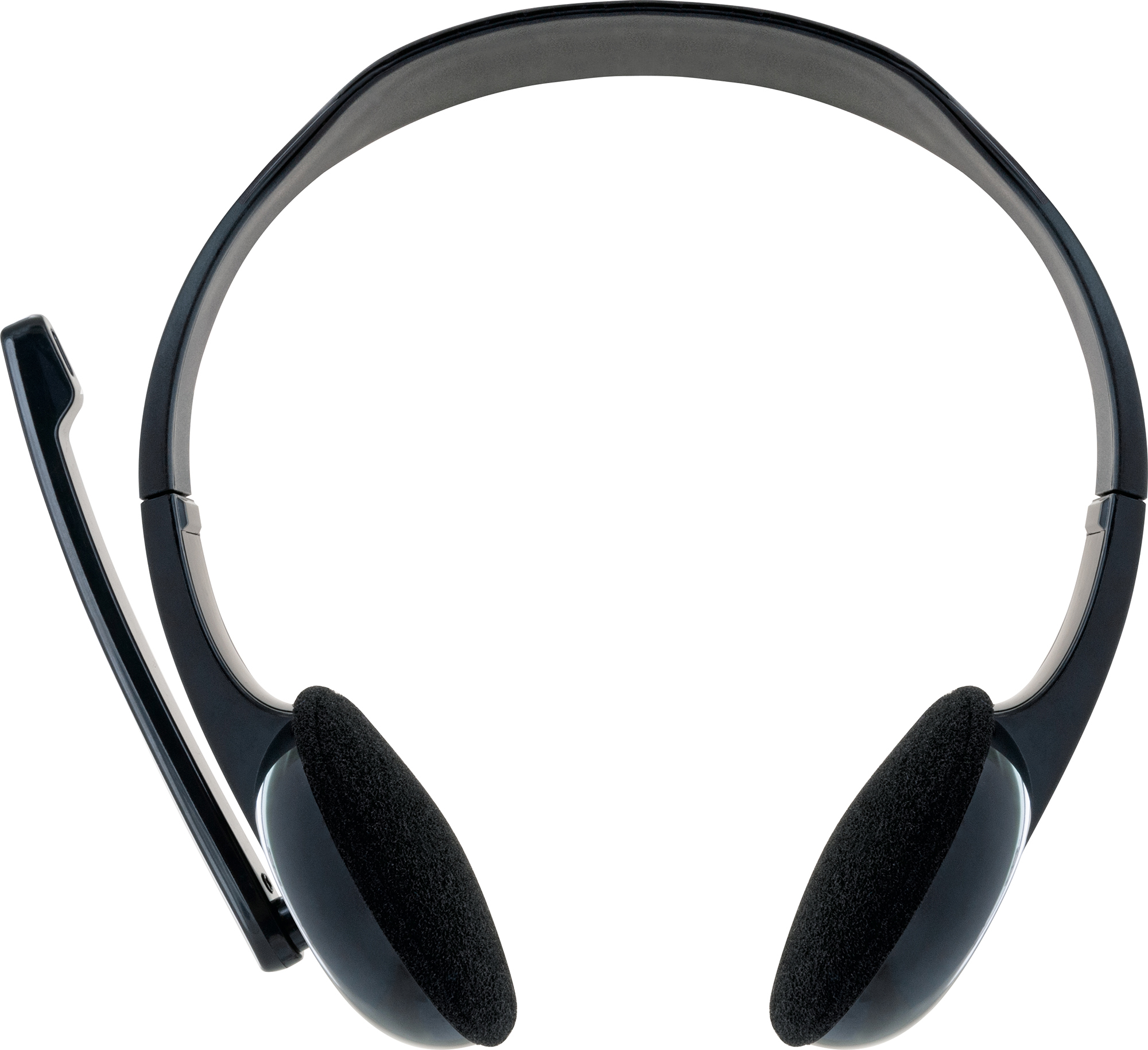 Schwarzes Headset mit Mikrofon auf weißem Hintergrund.