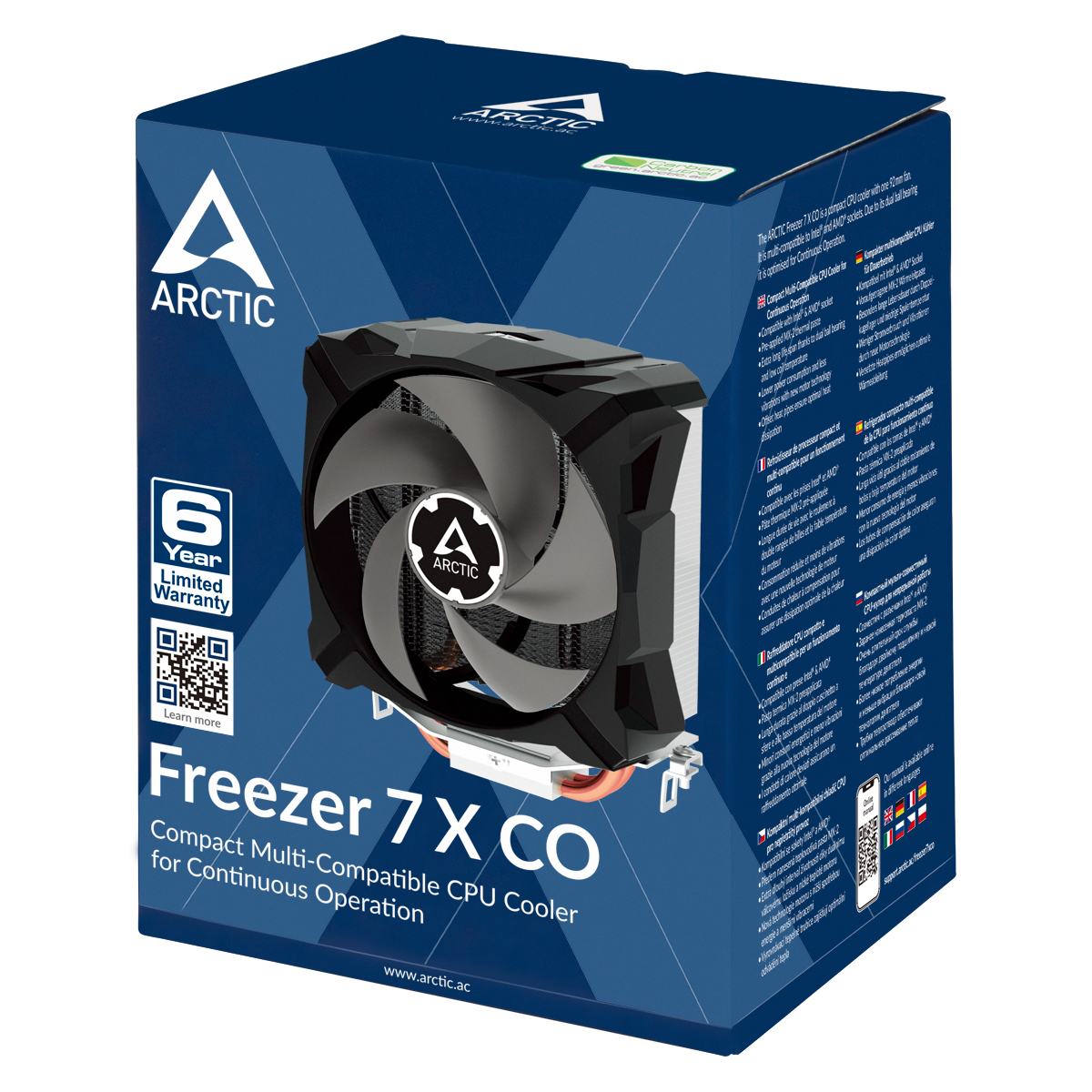 Una scatola di un dissipatore di calore per CPU con una ventola nera e un logo. La scatola ha testo e colori.