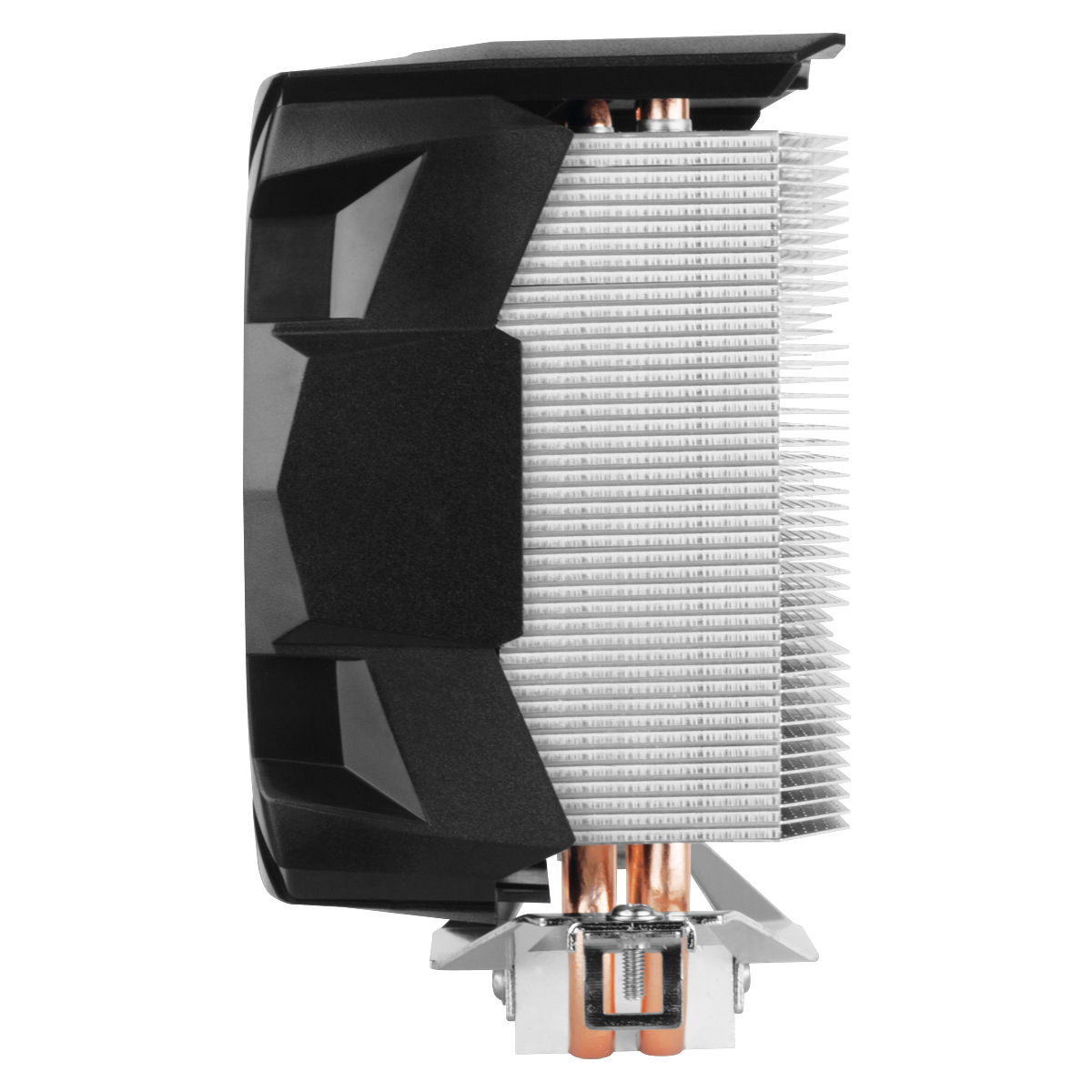 Dissipatore CPU per computer. Nero e argento con molte alette. Tubi di calore in rame visibili.