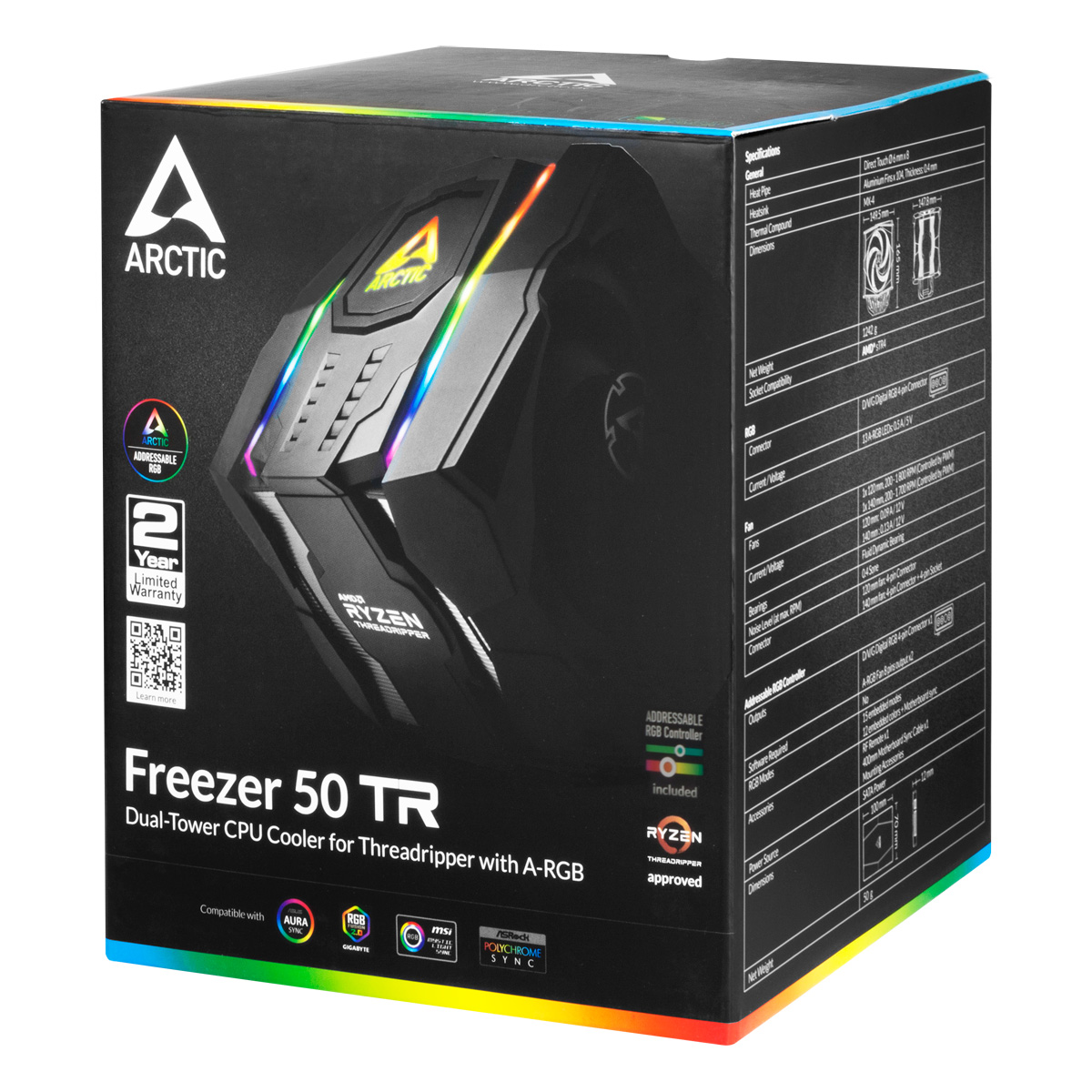 Box mit einem Computer-Kühler mit schwarz-grauem Design und farbigem RGB-Licht.