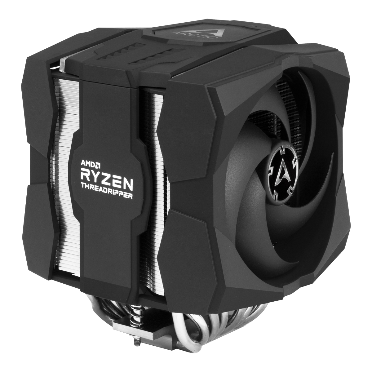Schwarzer CPU-Kühler mit Lüfter, silbernen Lamellen und AMD Ryzen Threadripper-Etikett.