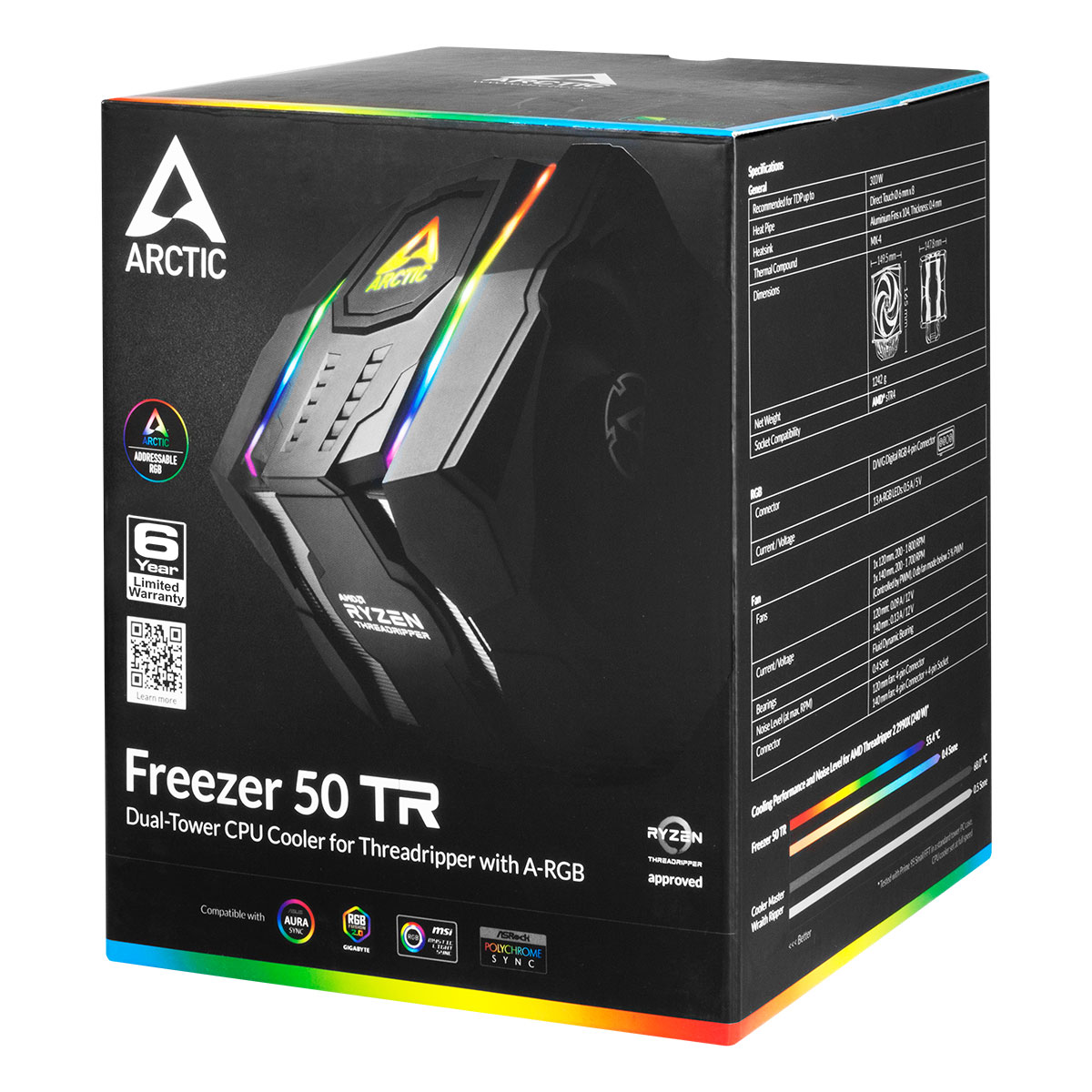 Scatola per un dissipatore CPU a doppia torre. È nero con luci colorate sul dissipatore.