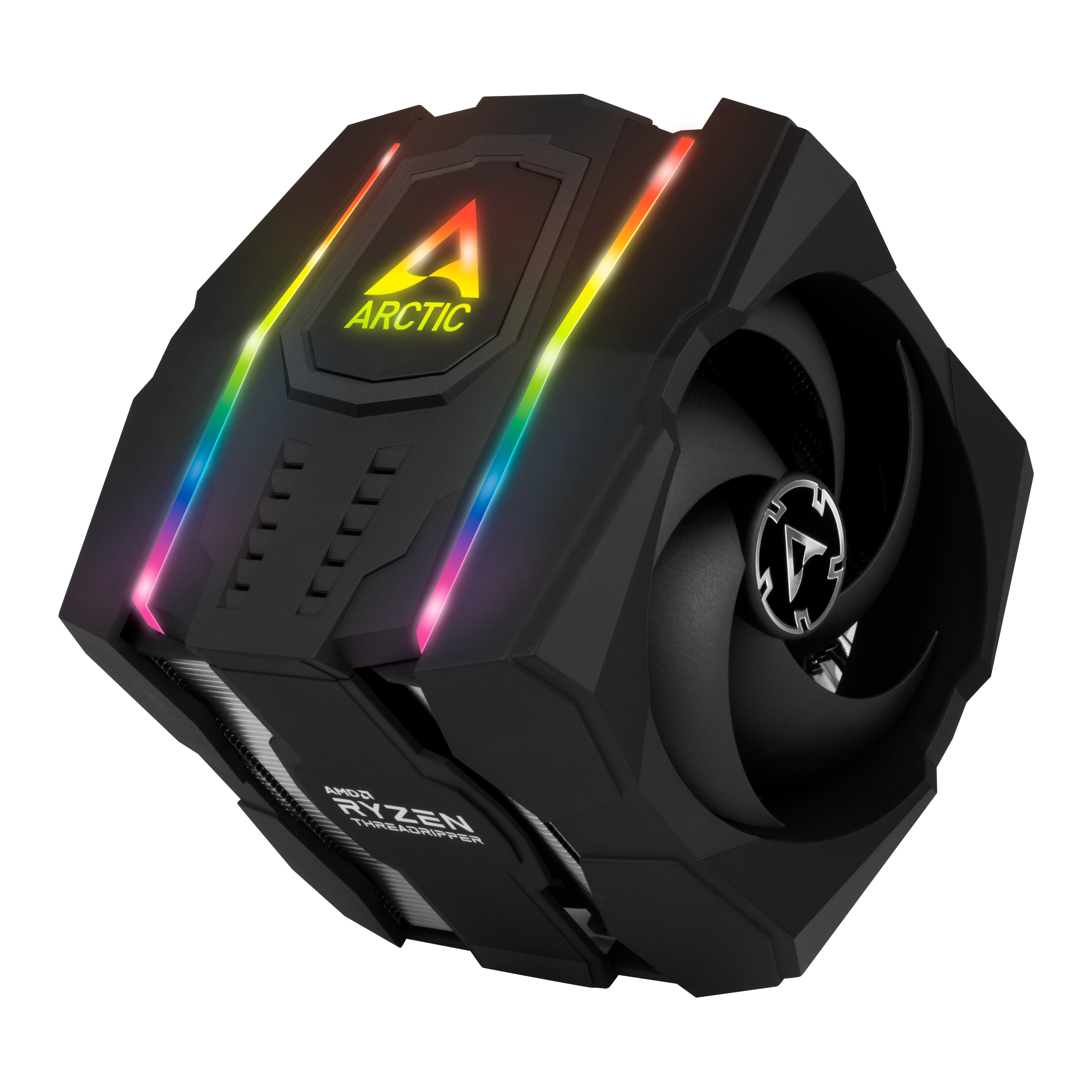 Un dissipatore di calore nero per CPU con una ventola e un logo 'Arctic'. Ha luci colorate in alto.
