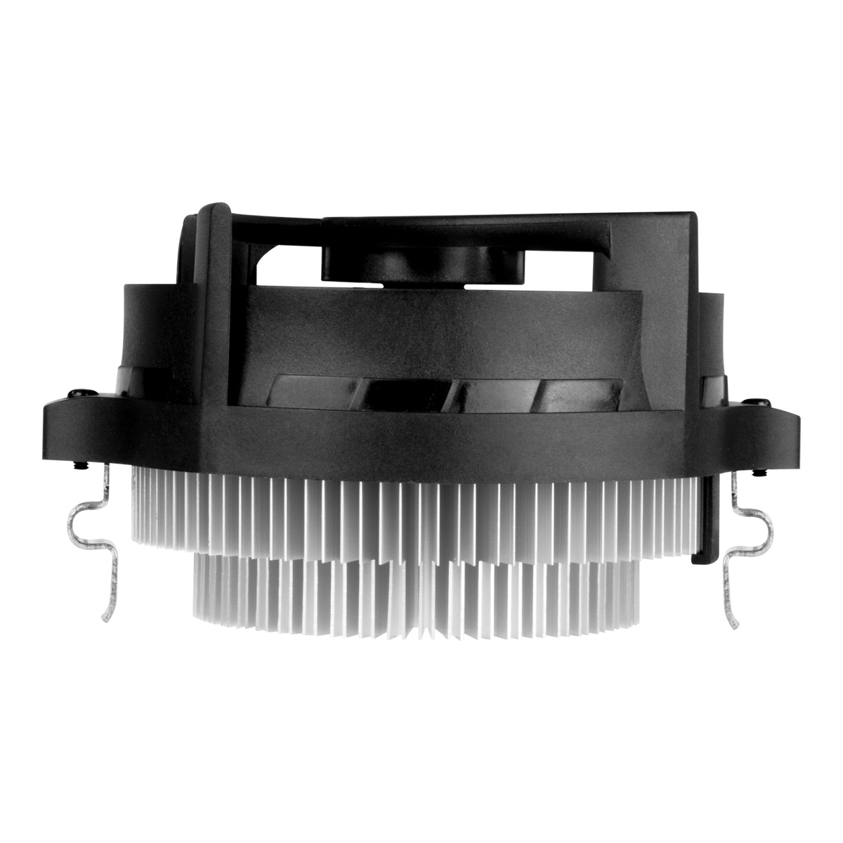 Een zwarte CPU-koeler met vinnen en clips voor installatie.