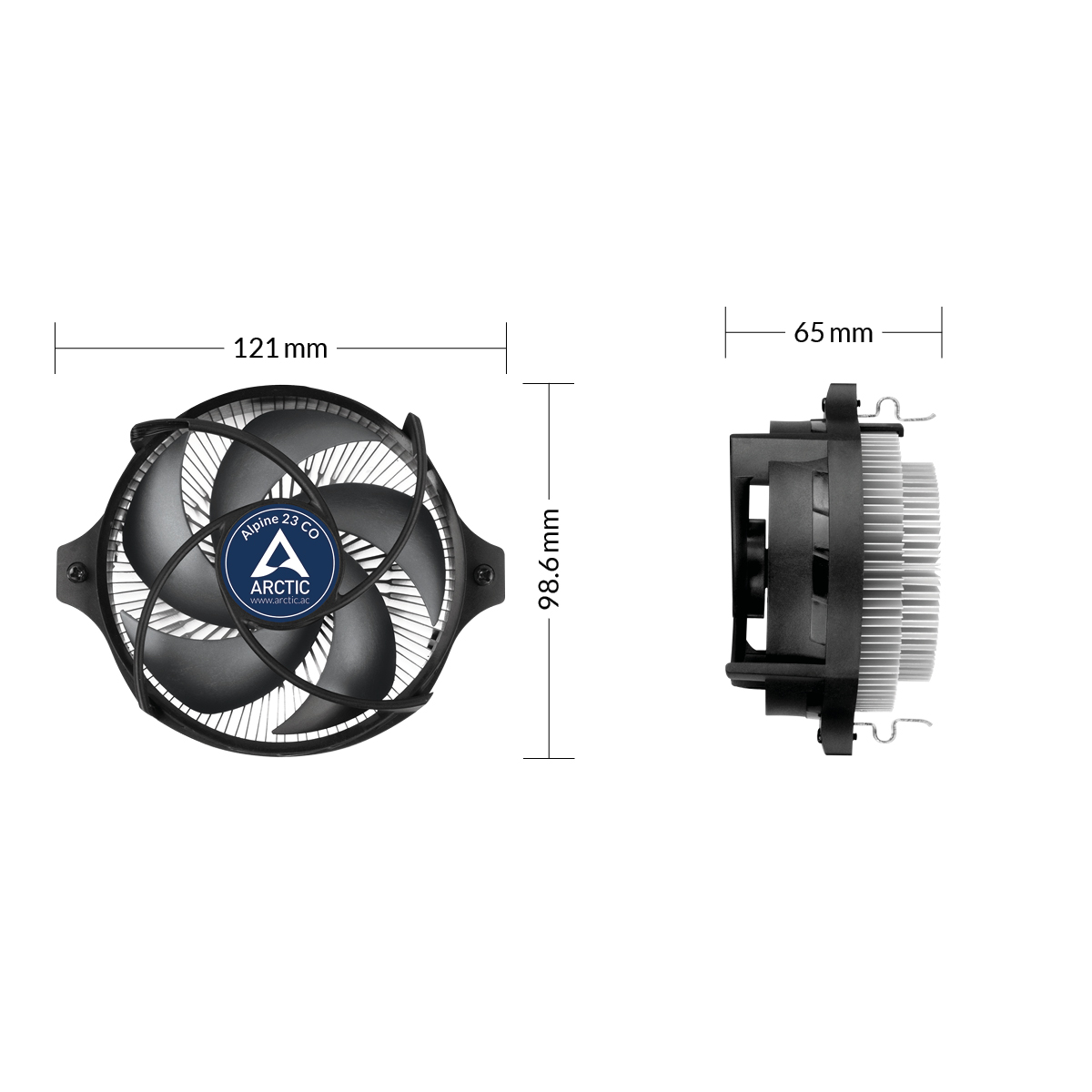 Bovenaanzicht en zijaanzicht van een zwarte computerventilator. Het bovenaanzicht toont de ventilatorbladen en het merklogo. Witte achtergrond.