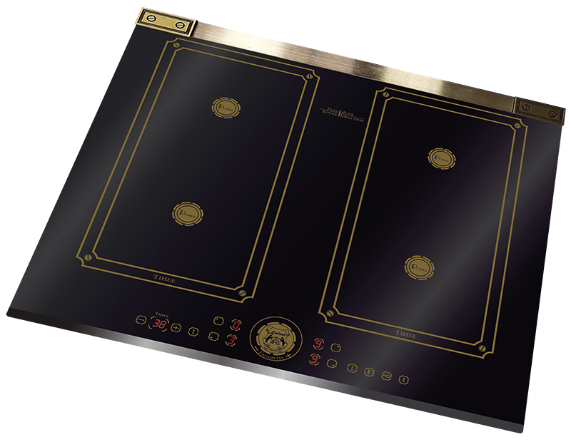 Schwarzes und goldenes Induktionskochfeld mit vier Kochfeldern und einem Bedienfeld.