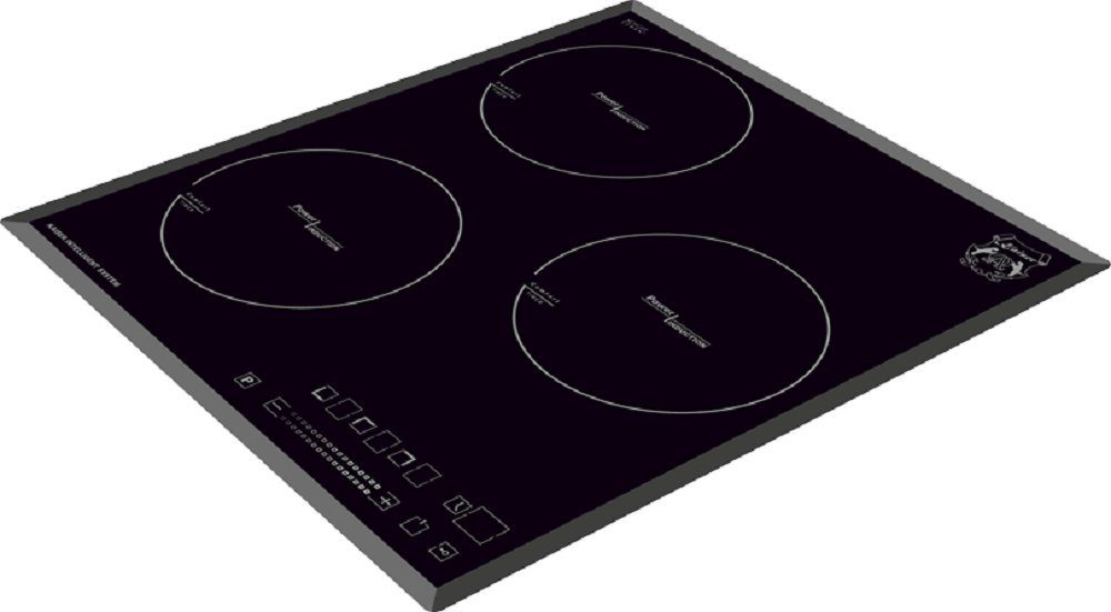 Placa de inducción negra con tres quemadores circulares y panel de control.