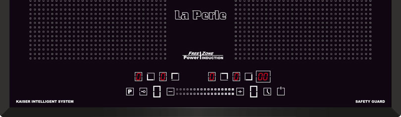 Placa de inducción negra con pantalla roja y botones plateados. La marca es La Perle.