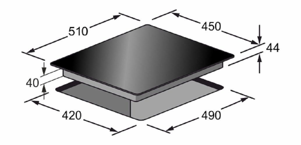 Vista isométrica de una placa de cocina negra con dimensiones etiquetadas.