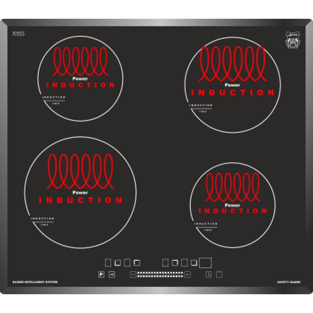 Una placa de inducción negra con cuatro indicadores de potencia circulares rojos.
