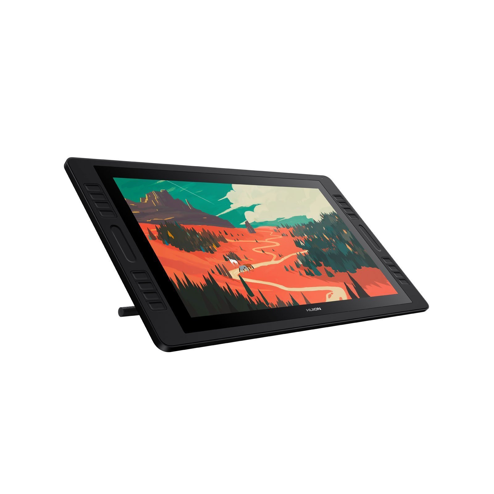 Czarny cyfrowy tablet do rysowania z obrazem krajobrazu na ekranie, na białym tle.