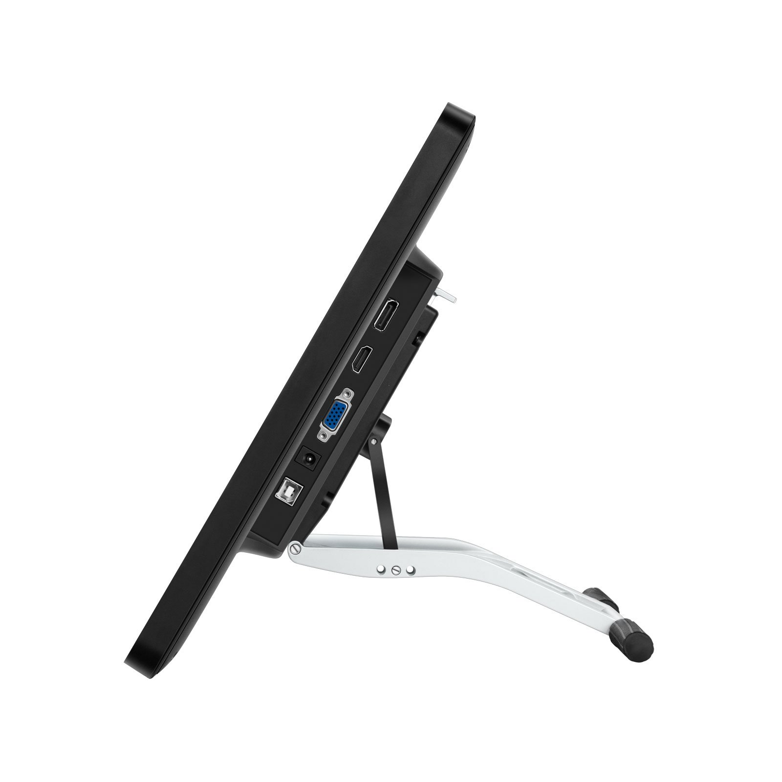 Widok z boku czarnego monitora komputera podpartego srebrnym stojakiem.